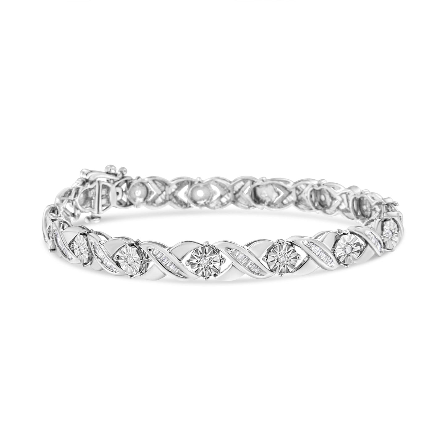 .925 Sterling Silver 1.0 Cttw Round-Brilliant and Baguette Cut Diamond Miracle-Set X-Link 7" Tennis Bracelet (I-J Color, I2-I3 Clarity)-0
