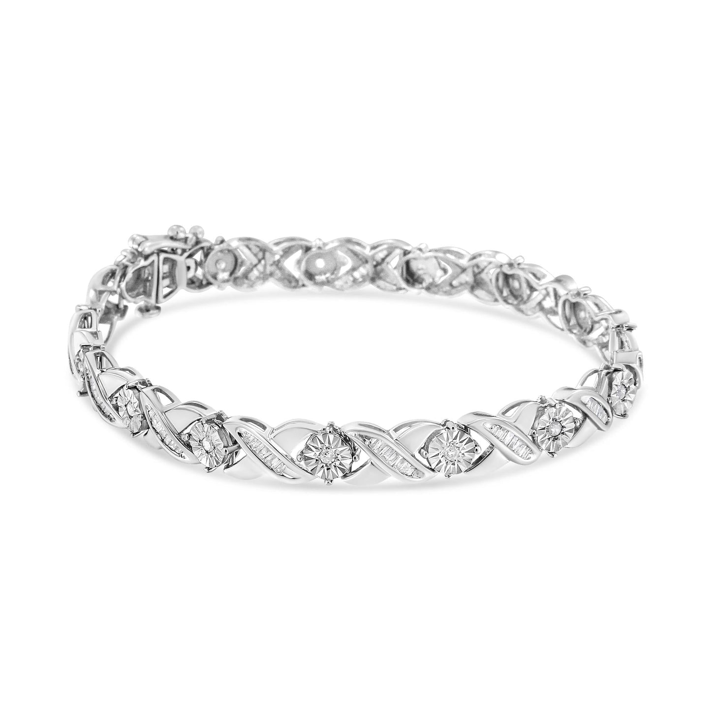 .925 Sterling Silver 1.0 Cttw Round-Brilliant and Baguette Cut Diamond Miracle-Set X-Link 7" Tennis Bracelet (I-J Color, I2-I3 Clarity)-1