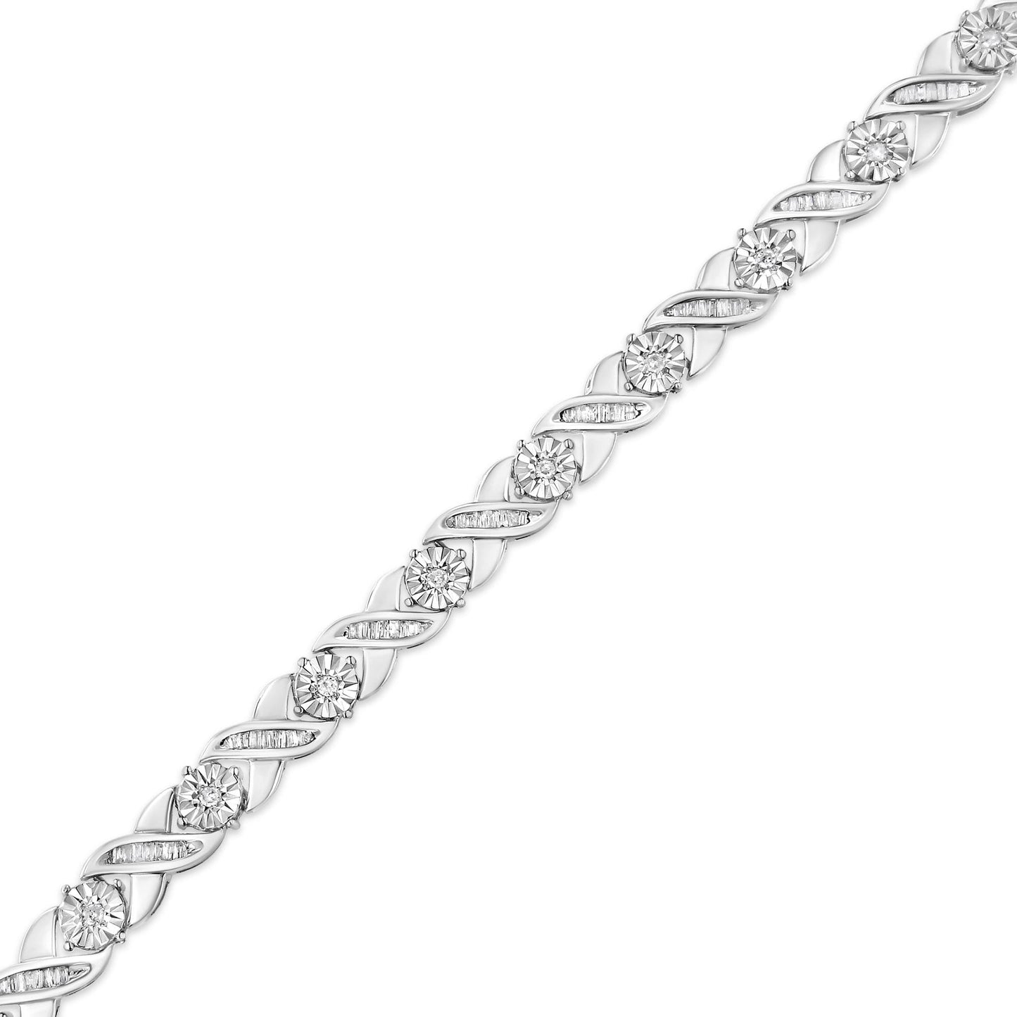 .925 Sterling Silver 1.0 Cttw Round-Brilliant and Baguette Cut Diamond Miracle-Set X-Link 7" Tennis Bracelet (I-J Color, I2-I3 Clarity)-4