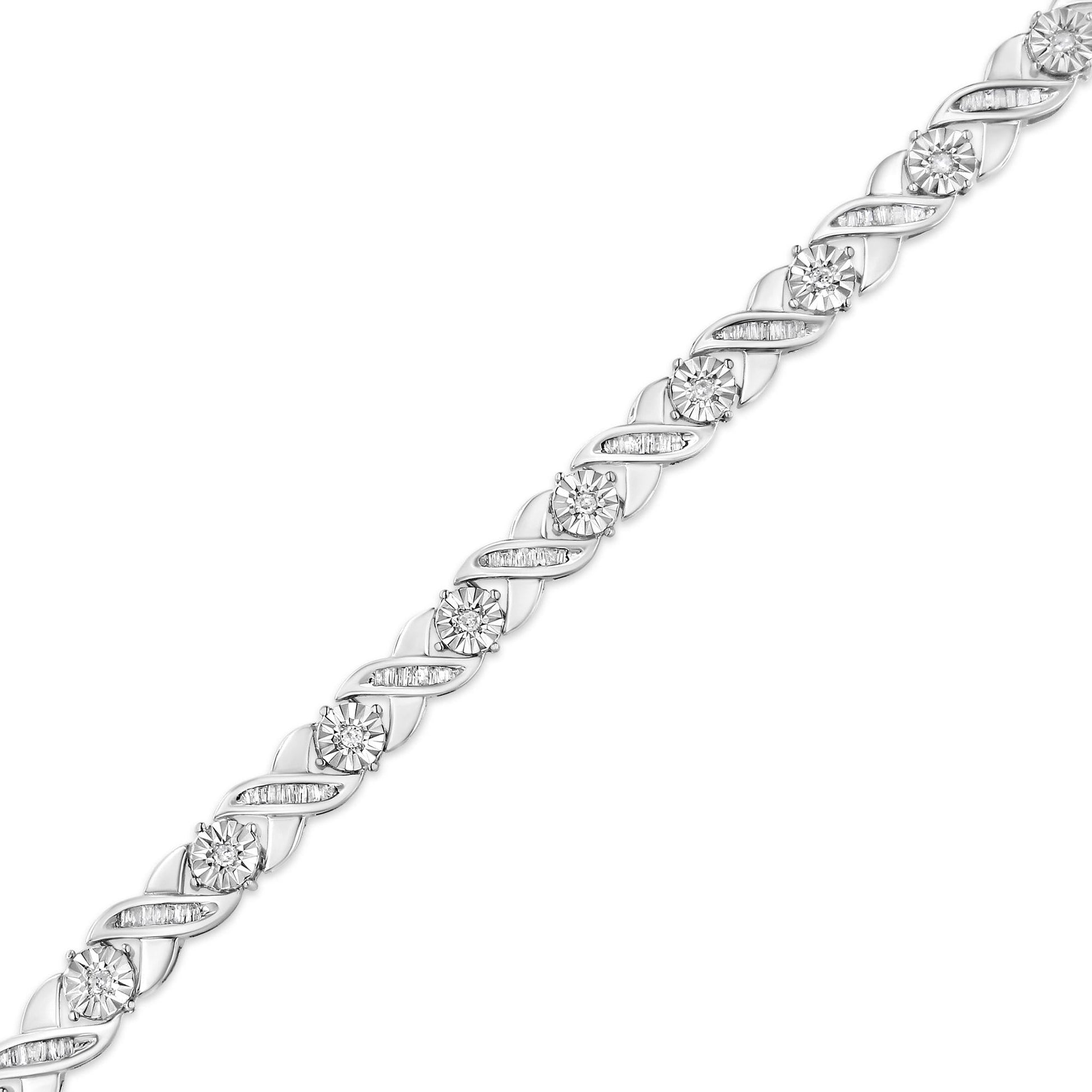 .925 Sterling Silver 1.0 Cttw Round-Brilliant and Baguette Cut Diamond Miracle-Set X-Link 7" Tennis Bracelet (I-J Color, I2-I3 Clarity)-4