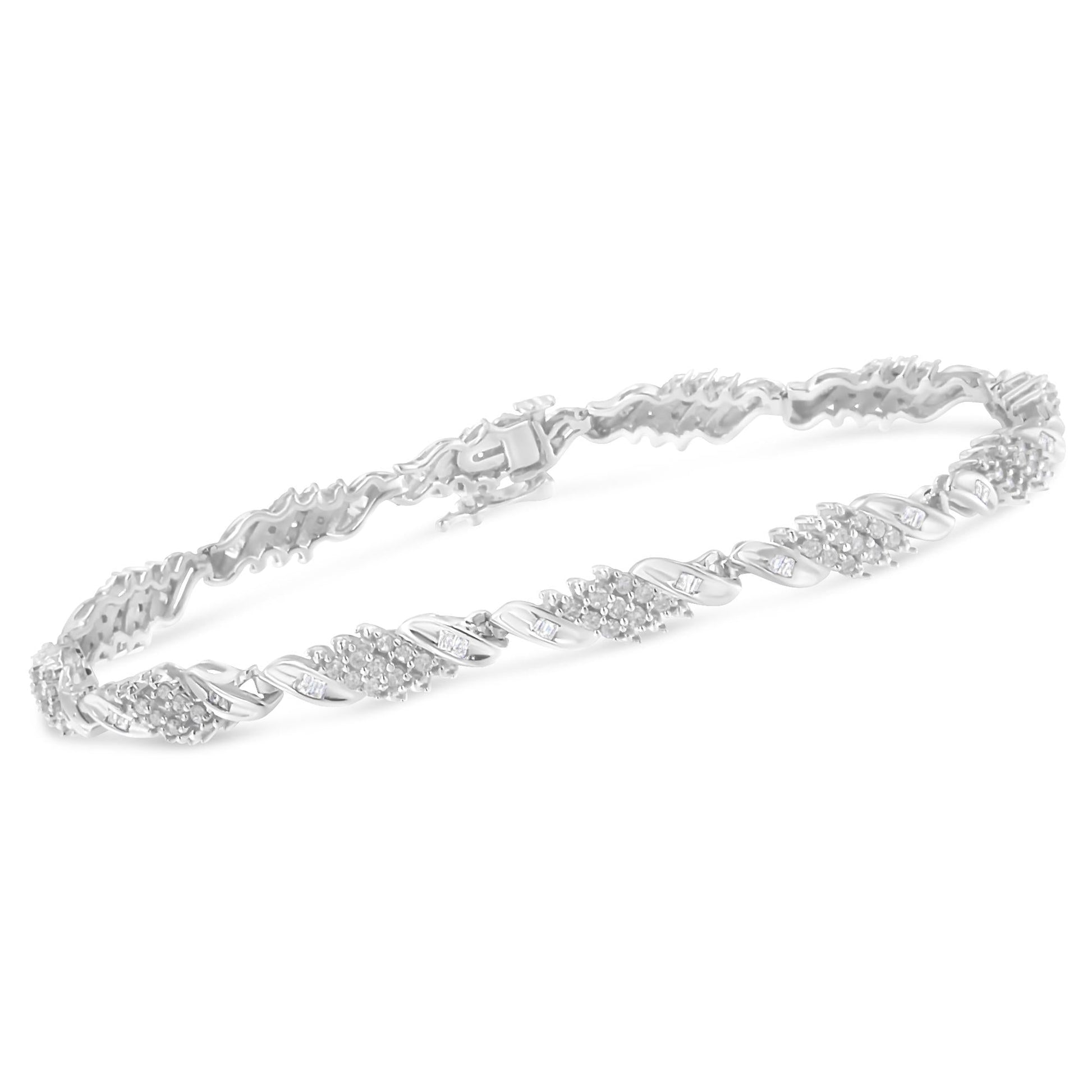 .925 Sterling Silver 1-1/2 Cttw Round and Baguette Cut Diamond Wave Link Bracelet (I-J Color, I2-I3 Clarity) - 7"-3