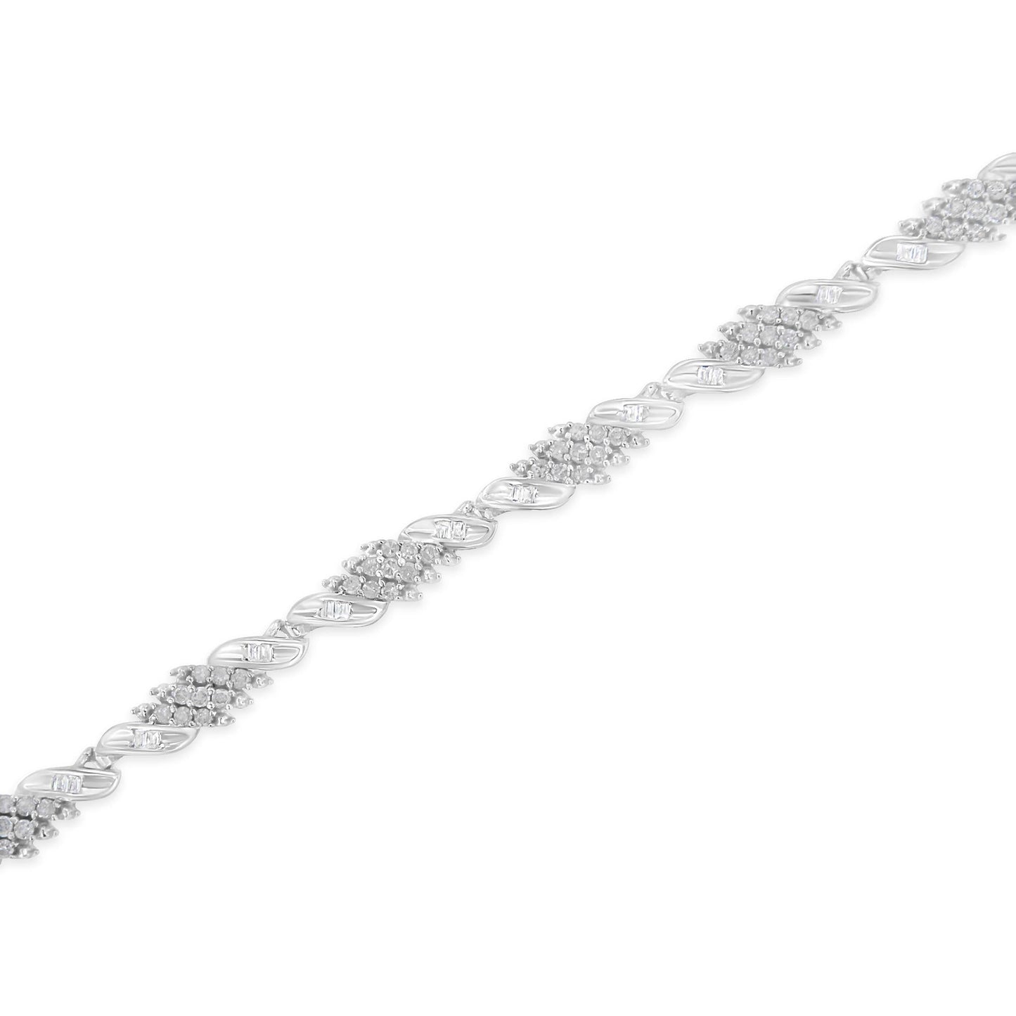 .925 Sterling Silver 1-1/2 Cttw Round and Baguette Cut Diamond Wave Link Bracelet (I-J Color, I2-I3 Clarity) - 7"-4