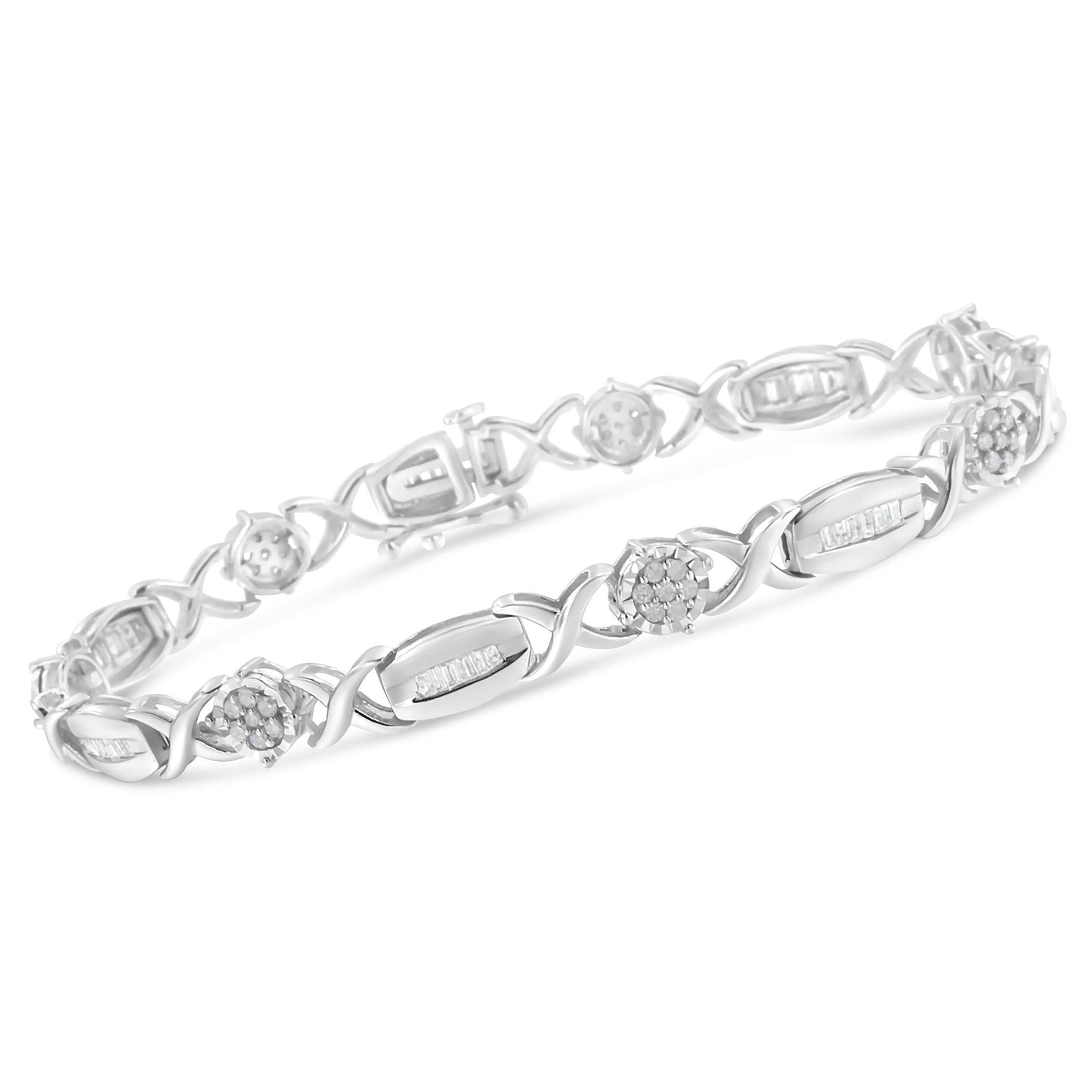 .925 Sterling Silver 1.0 Cttw Round-Cut and Baguette-Cut Diamond X-Link Bracelet (I-J Color, I1-I2 Clarity) - 7"-3