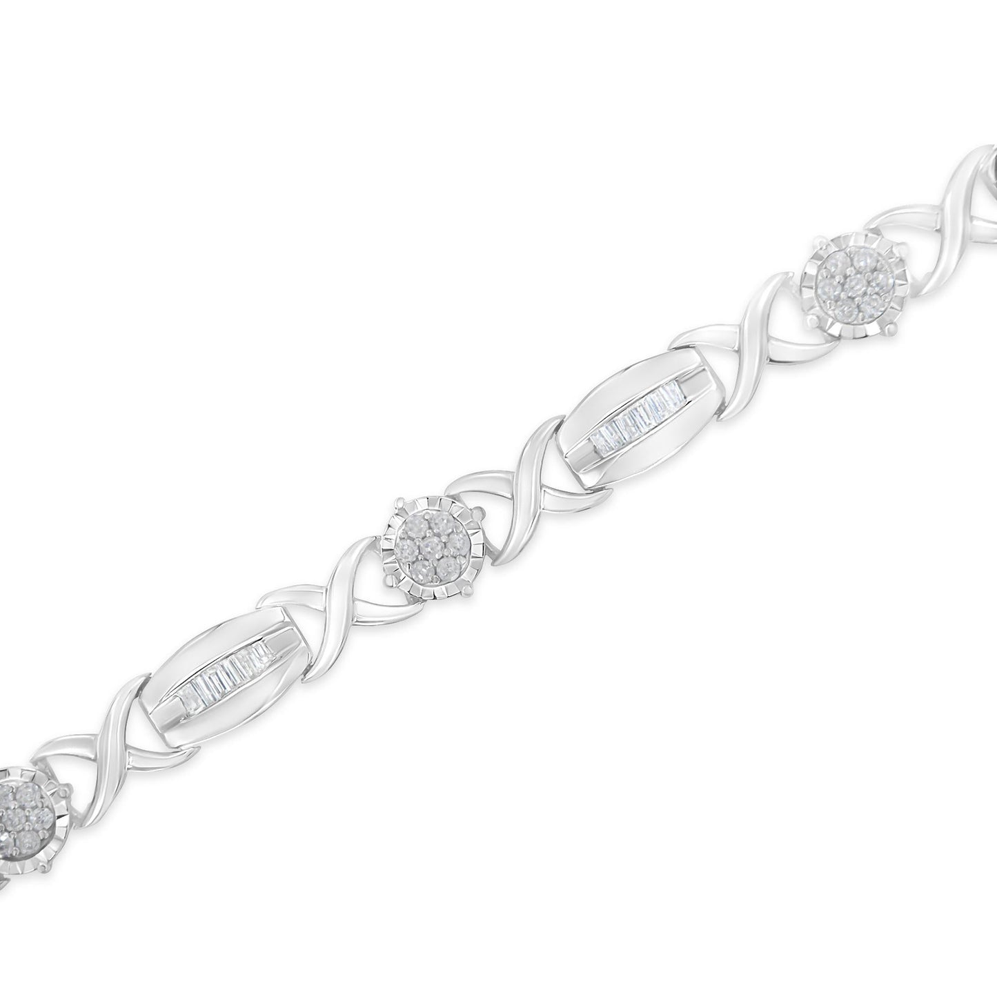 .925 Sterling Silver 1.0 Cttw Round-Cut and Baguette-Cut Diamond X-Link Bracelet (I-J Color, I1-I2 Clarity) - 7"-4
