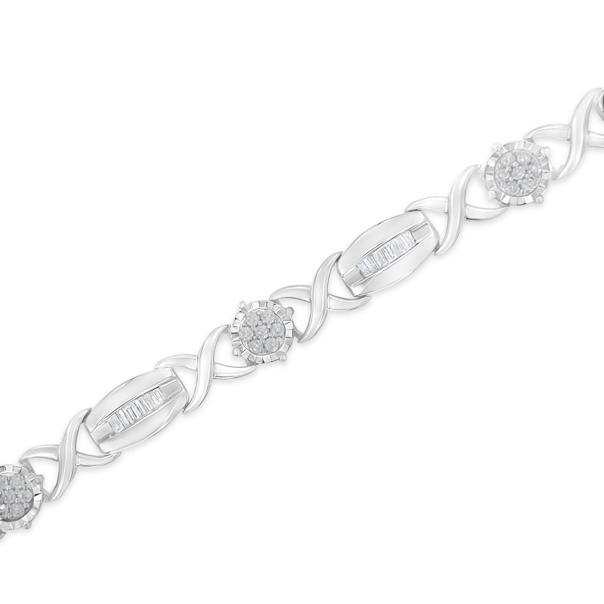 .925 Sterling Silver 1.0 Cttw Round-Cut and Baguette-Cut Diamond X-Link Bracelet (I-J Color, I1-I2 Clarity) - 7"-4