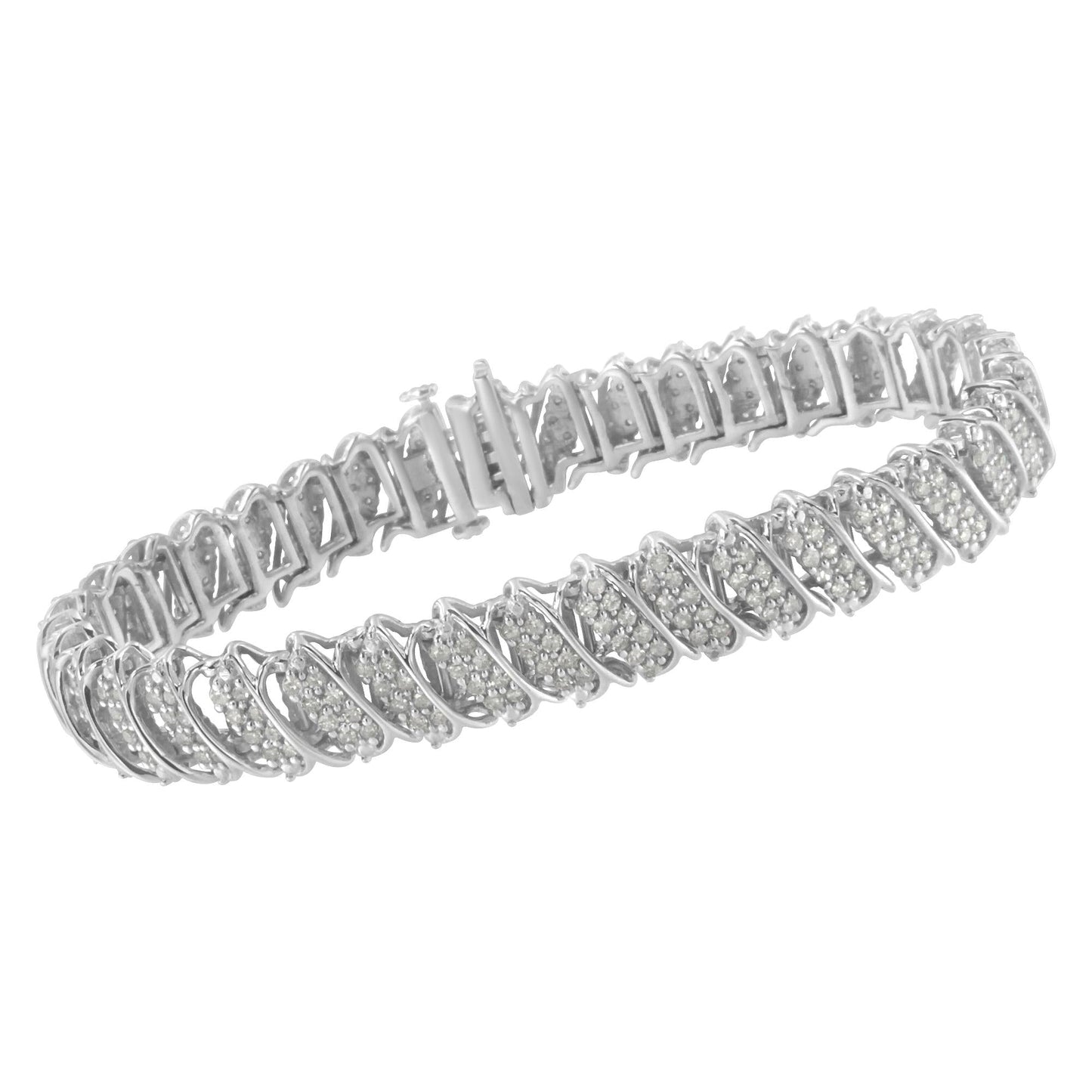 .925 Sterling Silver 3.0 Cttw Diamond Multi Row Cluster Slanted Wave Link 7-¼” Tennis Bracelet (I-J Color, I2-I3 Clarity)-3