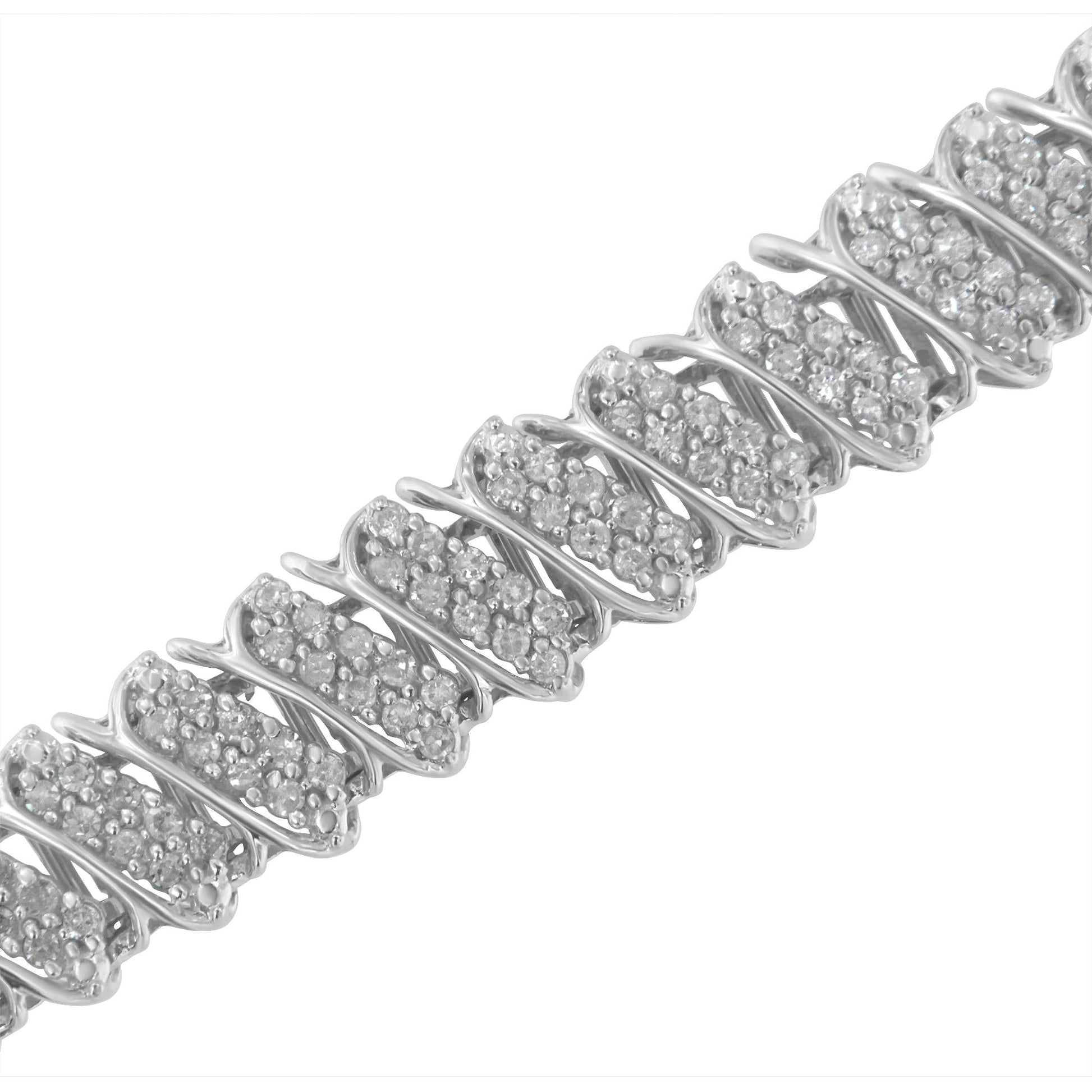 .925 Sterling Silver 3.0 Cttw Diamond Multi Row Cluster Slanted Wave Link 7-¼” Tennis Bracelet (I-J Color, I2-I3 Clarity)-4