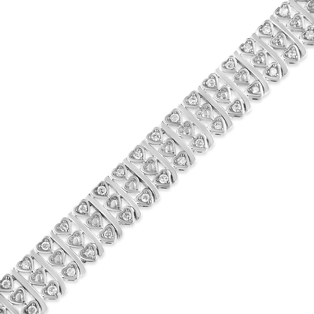 .925 Sterling Silver 1.00 Cttw Diamond Multi Row Heart Link Bracelet (H-I Color, I1-I2 Clarity) - 7.25" Inches-3