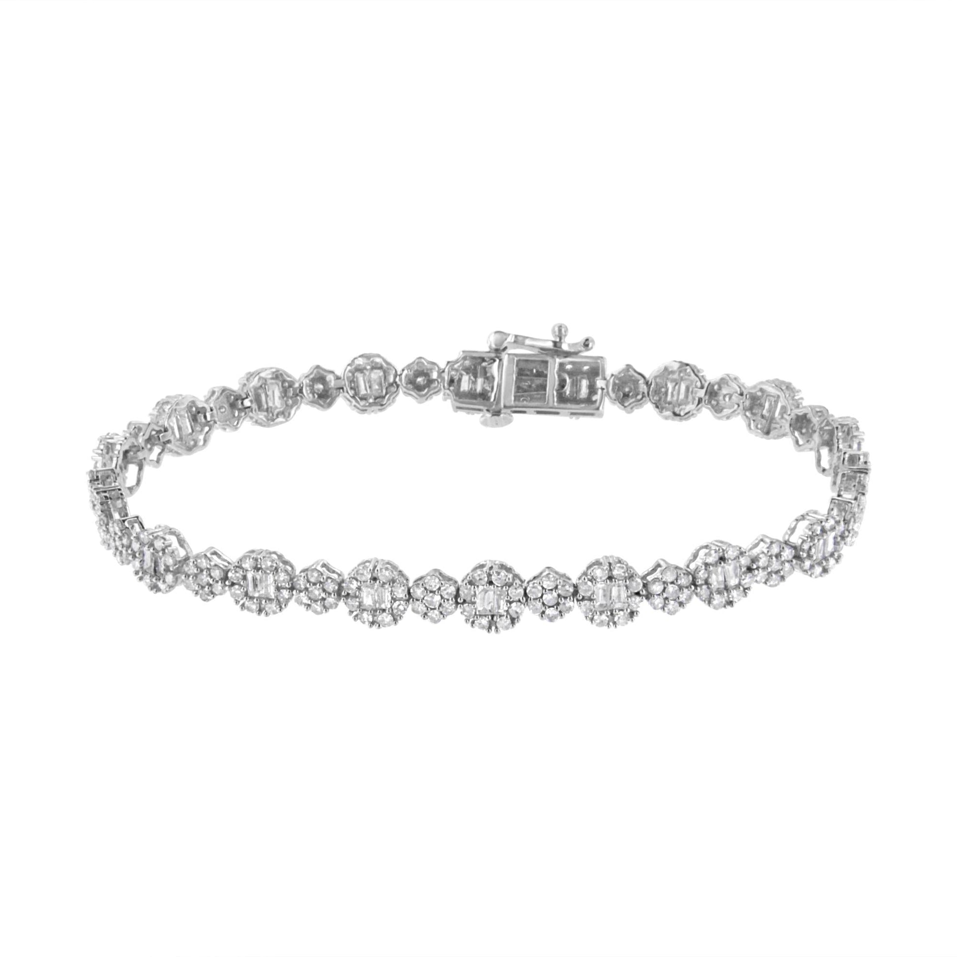 10K White Gold 4.0 cttw Brilliant Round-cut and Baguette Diamond Floral Cluster Link Bracelet (I-J Clarity, I1-I2 Color) - Size 7"-1
