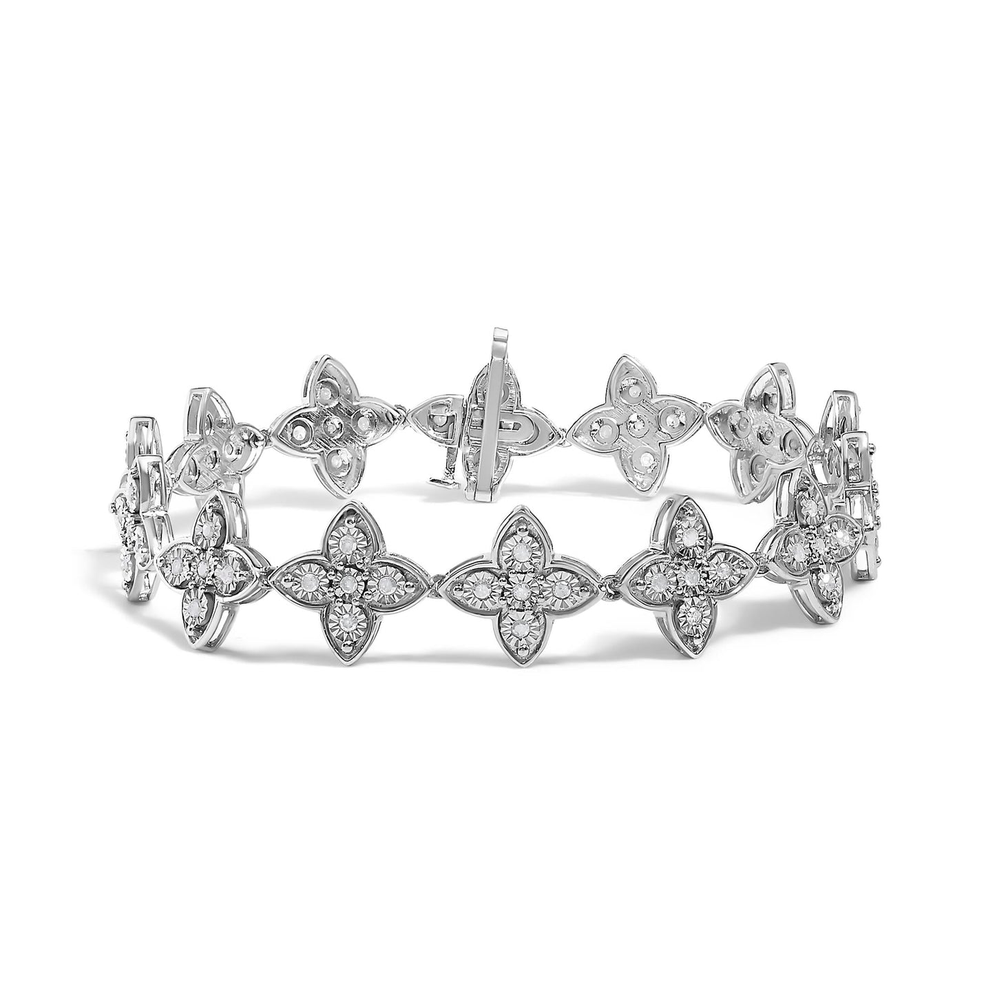 .925 Sterling Silver 1 cttw Miracle-Set Diamond 4 Leaf Clover Link Bracelet (I-J Clarity, I3 Color) - Size 7.25"-0