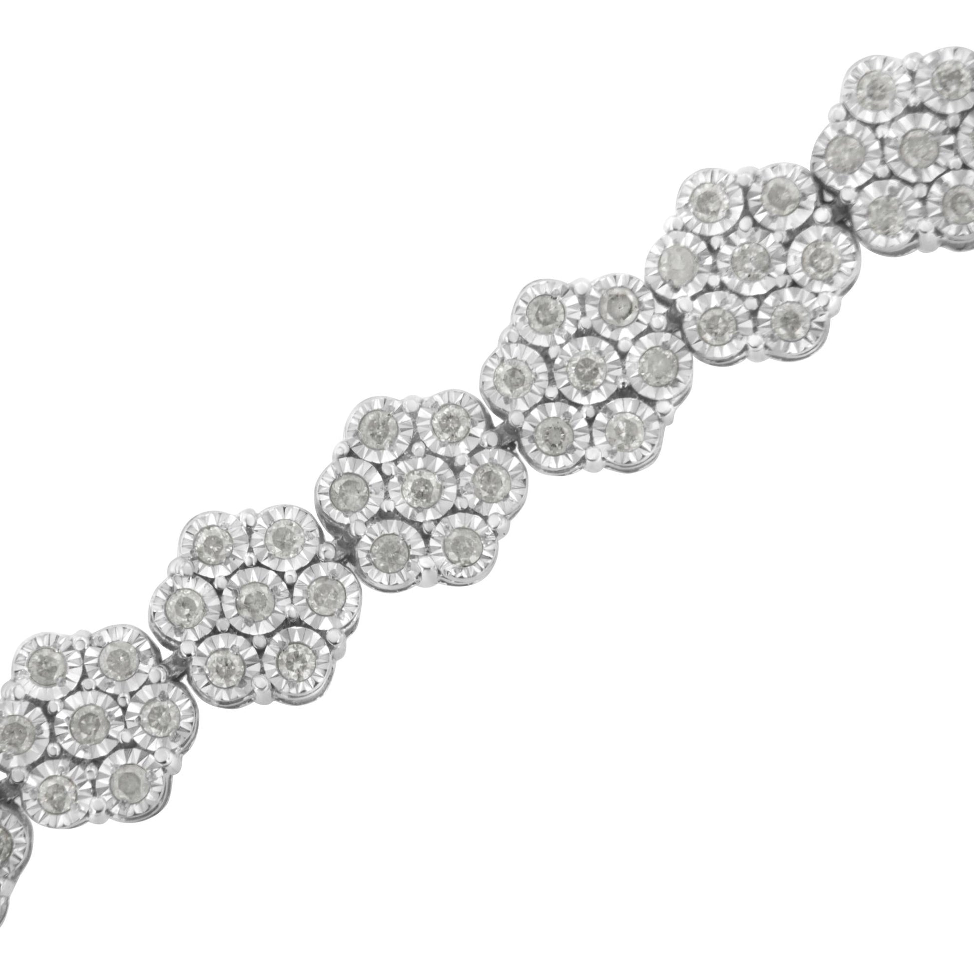 .925 Sterling Silver 2.0 cttw Diamond 7 Stone Floral Cluster Link Bracelet (I-J Color, I3 Clarity) -7.25"-4