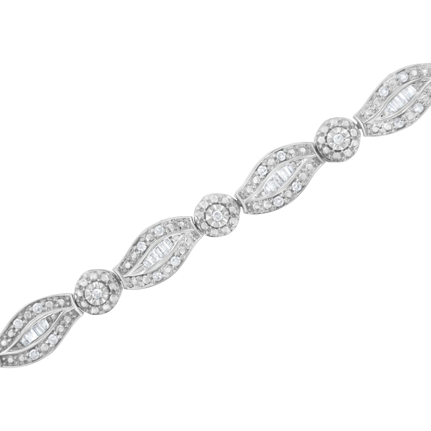 .925 Sterling Silver 1 cttw Diamond Double Leaf and Bezel Link Bracelet (I-J Clarity, I2-I3 Color) - Size 7.25"-4