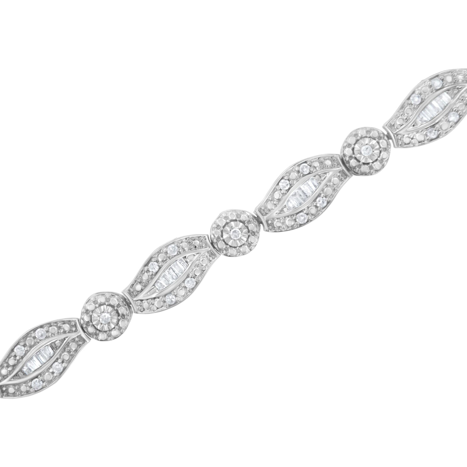 .925 Sterling Silver 1 cttw Diamond Double Leaf and Bezel Link Bracelet (I-J Clarity, I2-I3 Color) - Size 7.25"-4