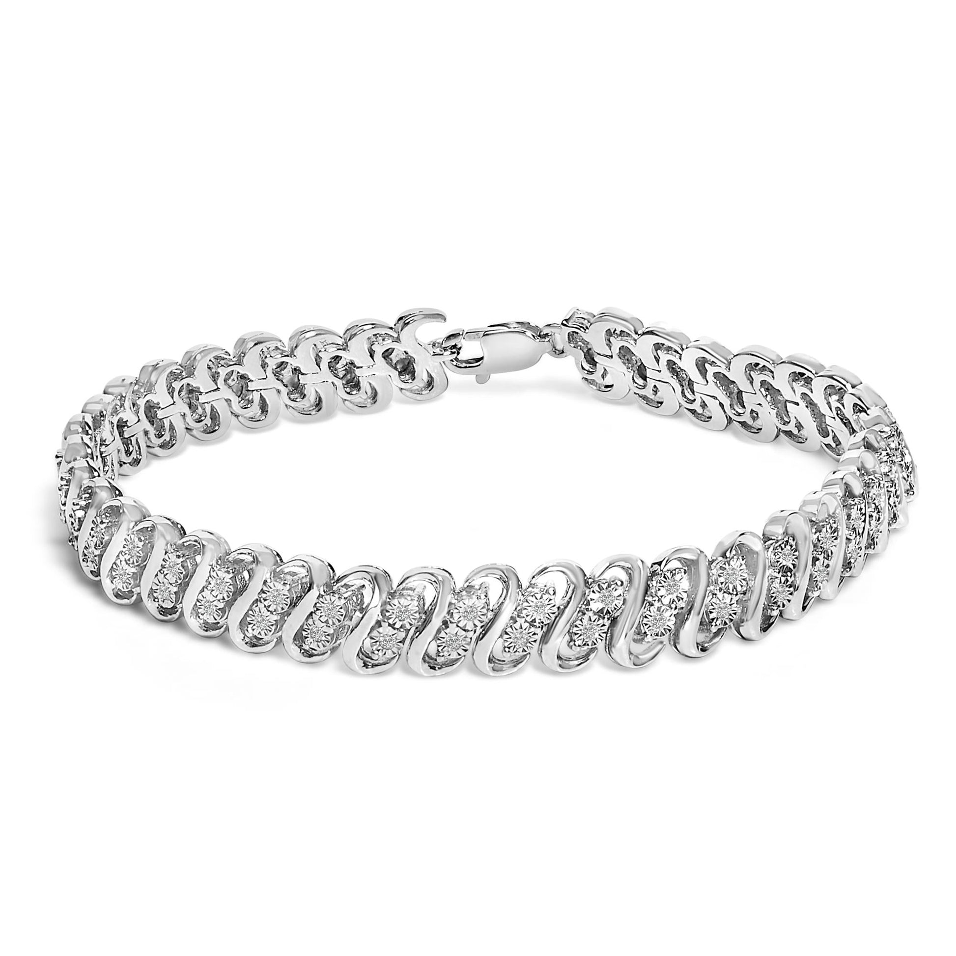 .925 Sterling Silver 1/4 cttw Round-Cut Diamond Double Row Wrapped S-Link Bracelet (I-J Color, I2-I3 Clarity) - Size 7.25"-0