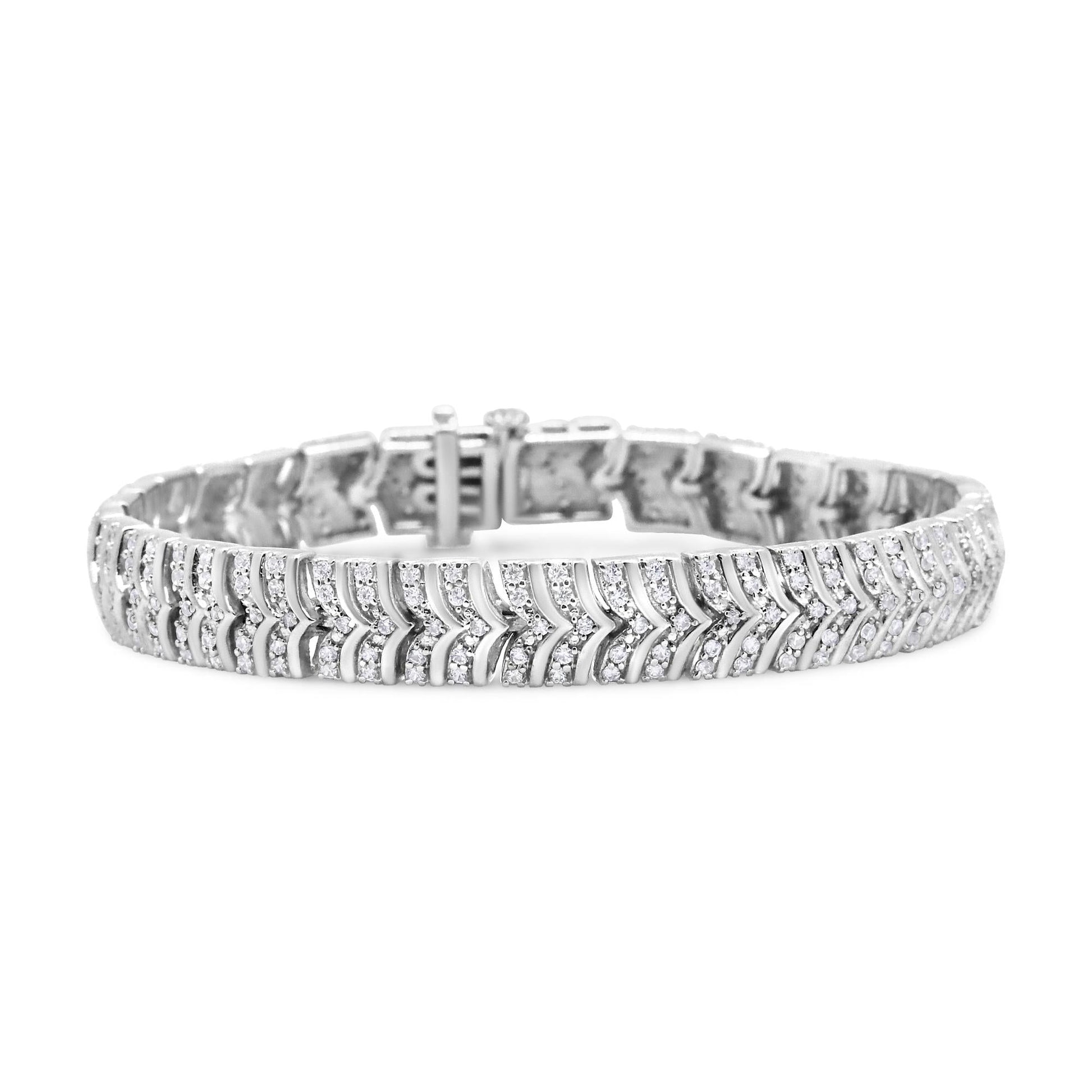 .925 Sterling Silver 3.00 Cttw Diamond Chevron Link Bracelet (I2-I3 Clarity, I-J Color) - Size 7.25"-0