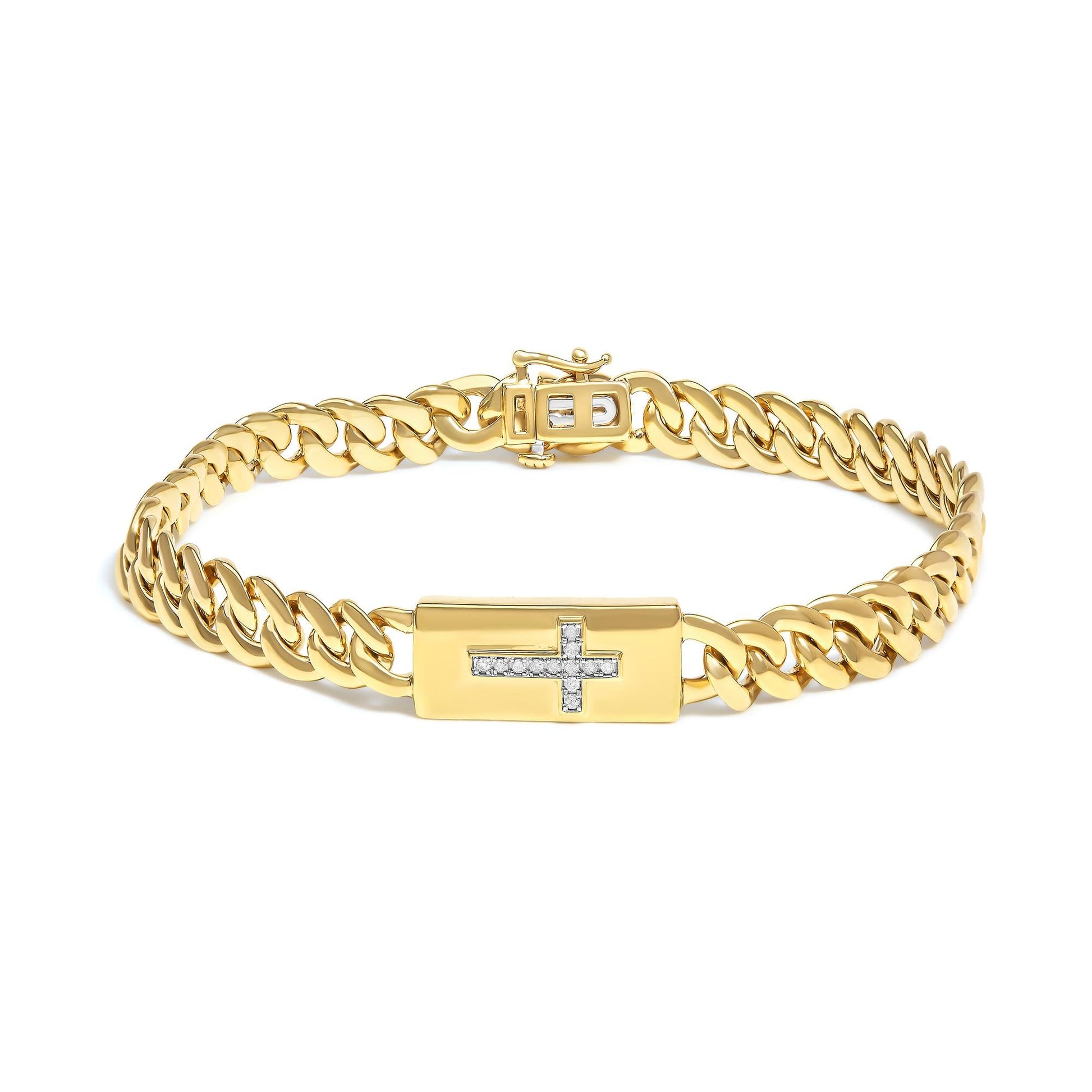 14K Yellow Gold Plated .925 Sterling Silver Diamond Accent Inlaid Cross Cuban Link Bracelet (I-J Color, I3 Clarity)-  7.25"-0