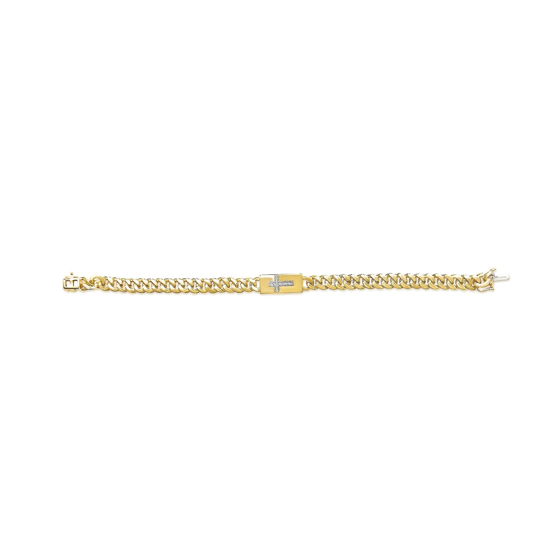14K Yellow Gold Plated .925 Sterling Silver Diamond Accent Inlaid Cross Cuban Link Bracelet (I-J Color, I3 Clarity)-  7.25"-3