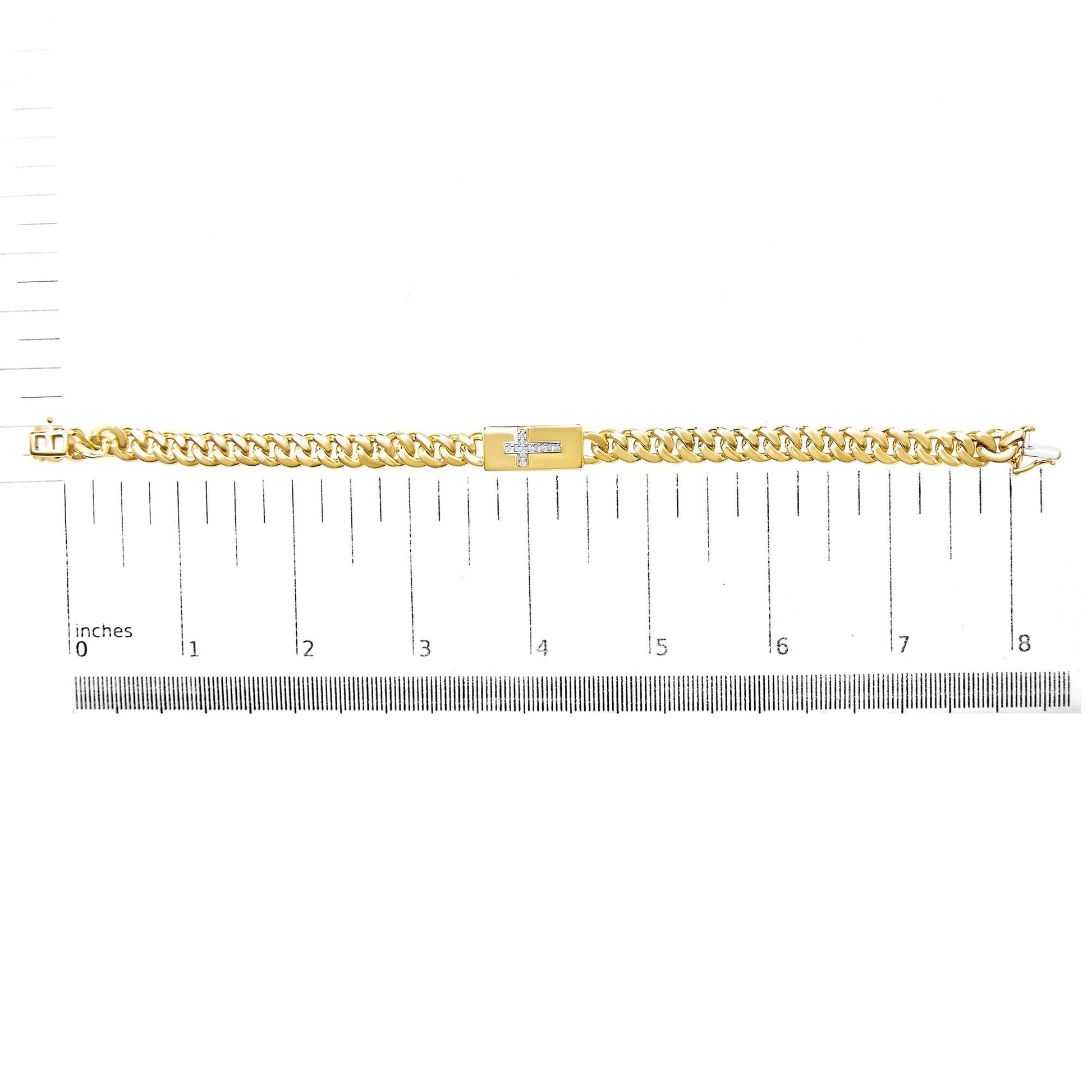 14K Yellow Gold Plated .925 Sterling Silver Diamond Accent Inlaid Cross Cuban Link Bracelet (I-J Color, I3 Clarity)-  7.25"-4
