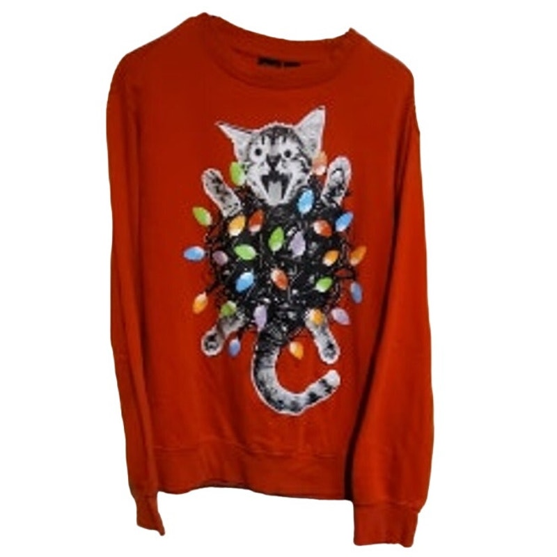 Mad Engine Womens Large Red Cat Glitter Christmas Lights Long Sleeve Sweatshirt