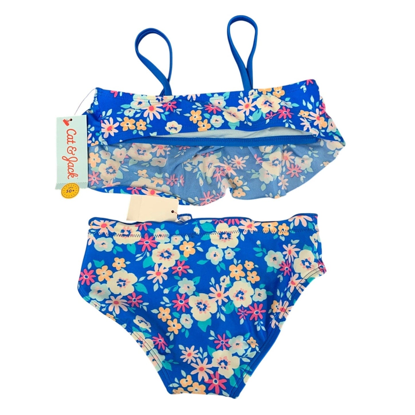 New Cat & Jack Girls Small 6/7 UPF 50+ Blue Pink Floral Bikini 2PC Swimsuit