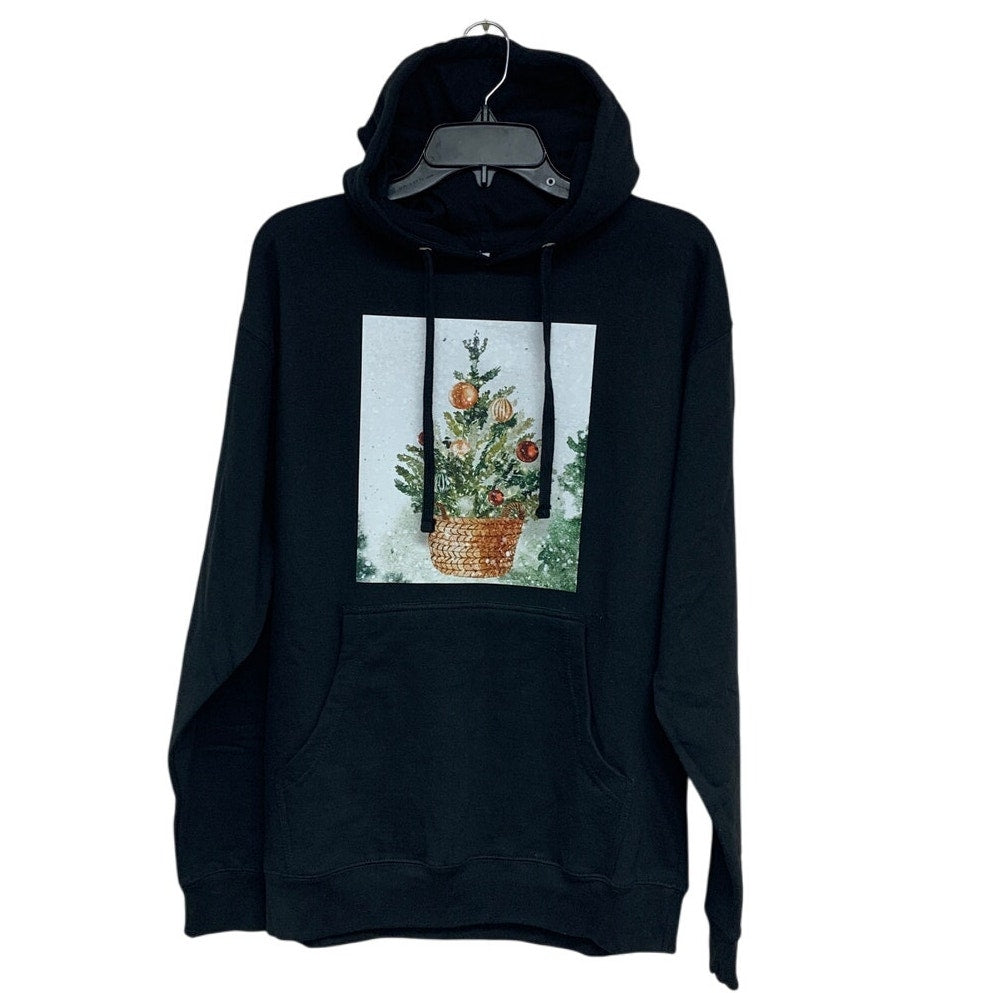 New Hand Printed Womens Medium Christmas Tree Holiday Long Sleeve Hoodie
