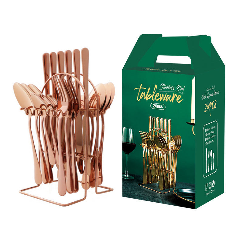 Stainless steel tableware 24 pieces set Western steak knife fork spoon restaurant hotel with storage rack gift box