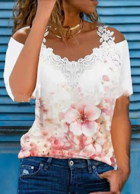 🦋 Vibrant Butterfly Lace Off-Shoulder V-Neck Tee