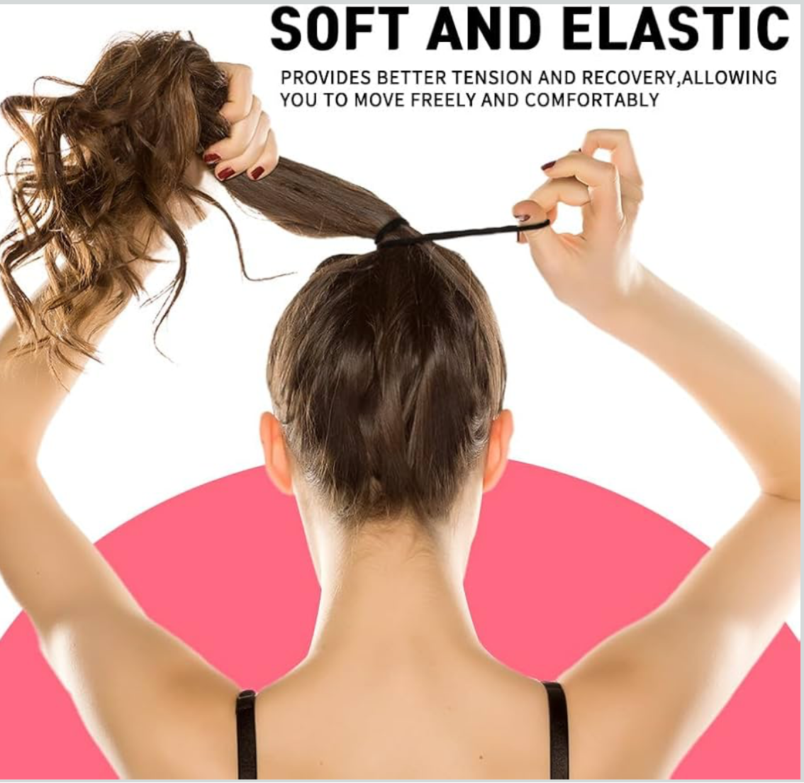 Product gallery showing a hair product with text 'Soft and Elastic' on a pink background.