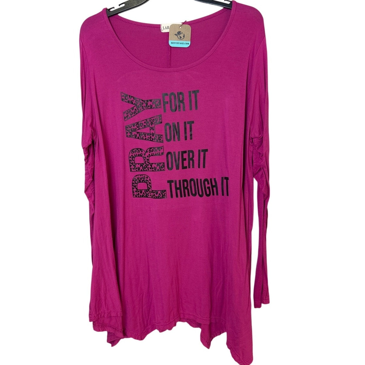 Upcycled Hand Printed Womens 3X Pray For It On It Through It Long Sleeve T Shirt
