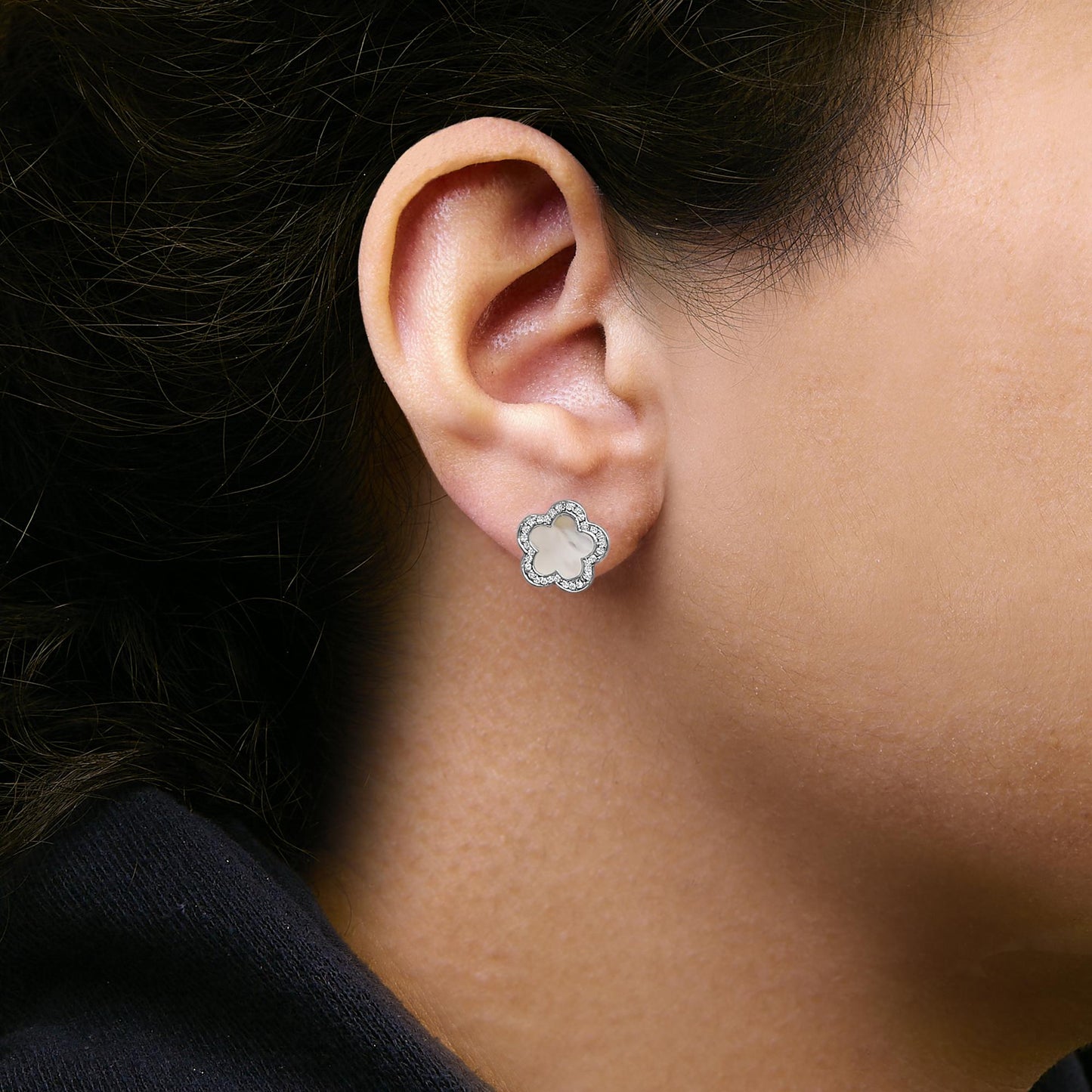 14K White Gold Mother of Pearl and 1/5 Cttw Diamond Halo Star Stud Earrings-2