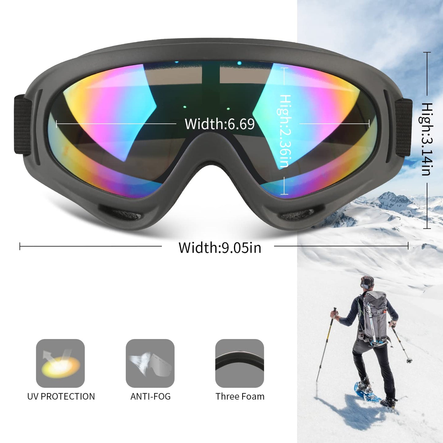 COOLOO Ski Goggles, 2 Pack Snow Goggles Snowboard Goggles for Men Women Kids - UV Protection Foam Anti-Scratch Dustproof