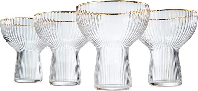 Ribbed Stemless Margarita Glasses with Gold Rim - Set of 4 - Hand Blown Luxury Coupe Cocktail, Martini & Champagne Glasses for Spring & Summer – Large Party, Elegant Ripple Design, Gilded Rim (10 OZ)-4