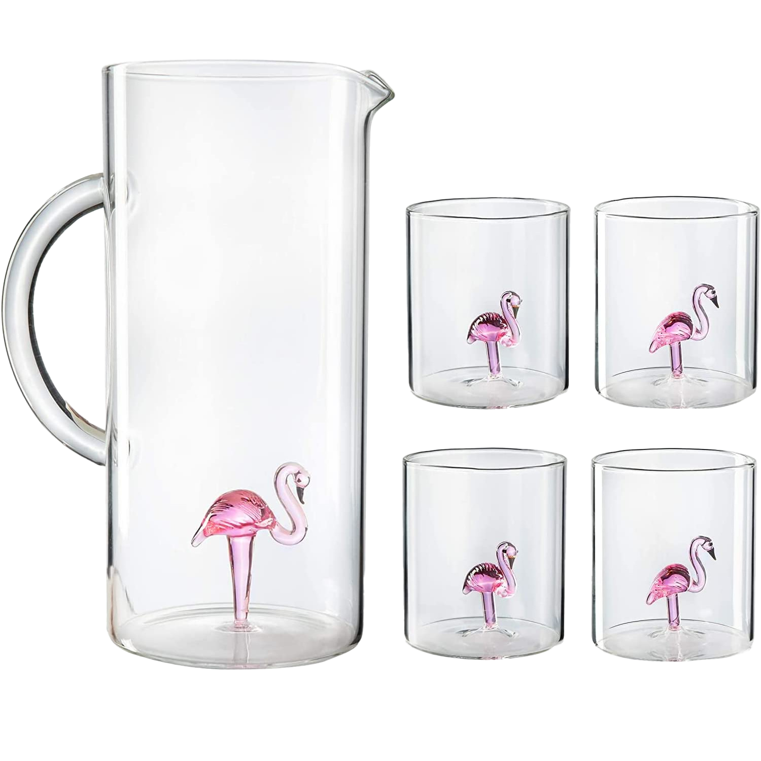 The Wine Savant Flamingo Pitcher & 4 Glasses Set Decanter with 4 Pink Flamingo Glasses 9oz Elegant Glass Set, Great for Water Iced Tea, Sangria, Lemonade, and More! 1300ml 9" H, Cute!-0