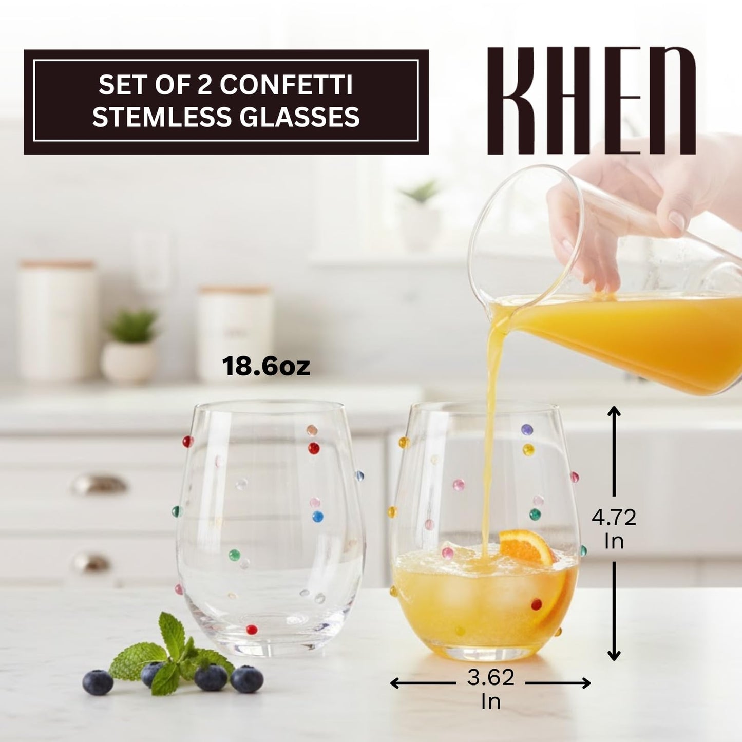 Confetti Stemless Wine Glasses Set of 2, 18.6oz Colorful Clear Glass Drinkware for Water Juice Cocktails, Modern Handmade Glassware for Parties Dining Entertaining Display Housewarming Birthday Gifts-1