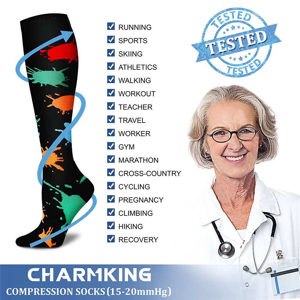 CHARMKING Compression Socks for Women & Men Circulation (8 Pairs) 15-20 mmHg is Best Support for Athletic Running,Cycling