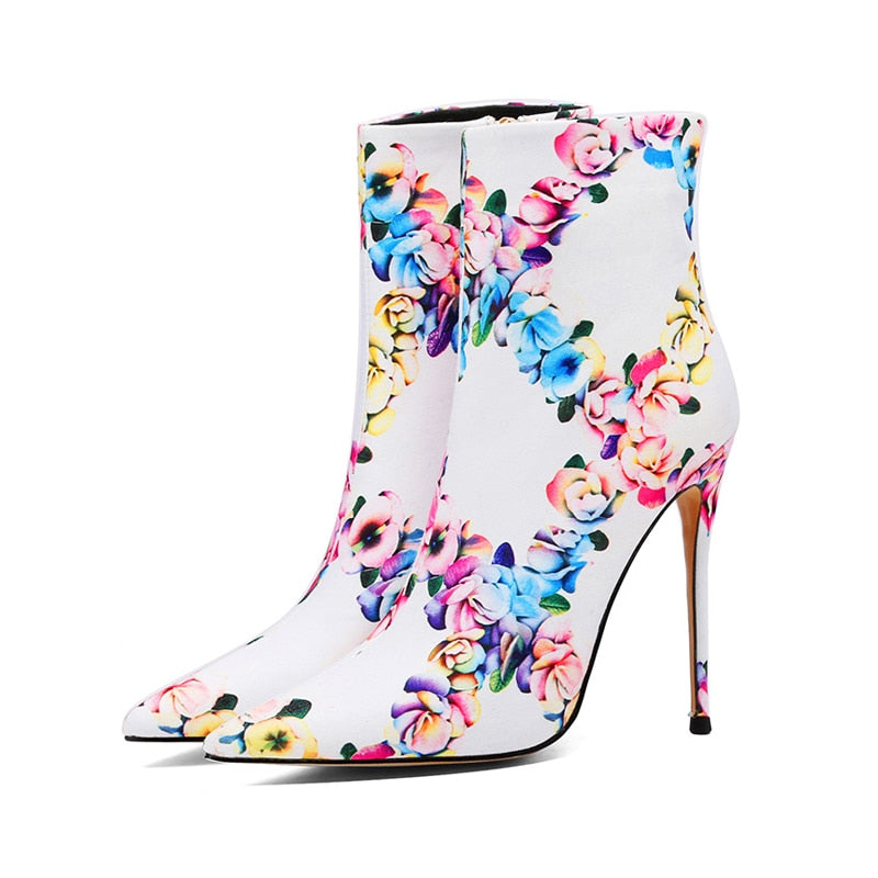 Spring Autumn Women Pointed Toe Sexy Stilettos Steel Heels 12cm Zipper Flowers Ankle Boots Large Size 43 44 45 New