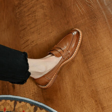 Round toe low heeled single shoes, retro style flat heeled women's shoes, brown