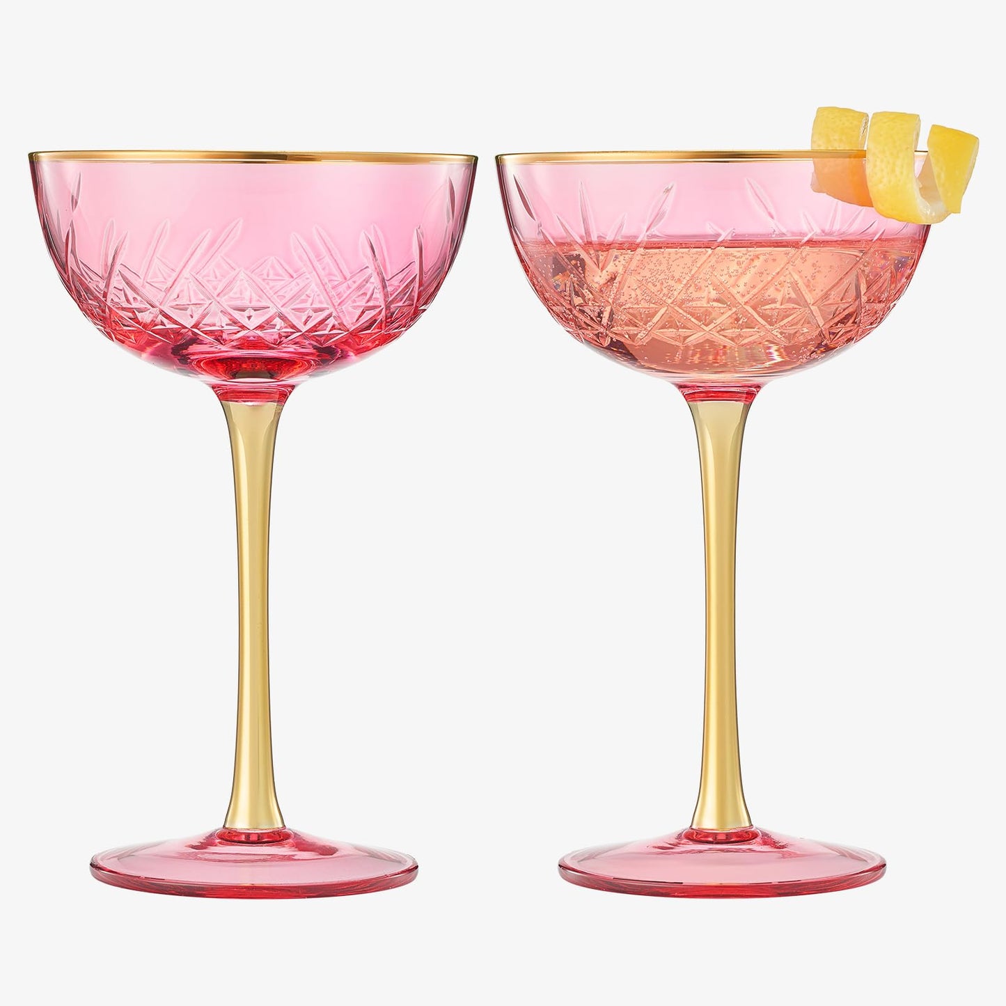 Vintage Art Deco Coupe for Champagne, Martini, Cocktails| Set of 2 | 7 oz Classic Cocktail Glassware - Manhattan, Cosmopolitan, Sidecar, Crystal Speakeasy Style Saucer Goblets with Stems (Pink)-0