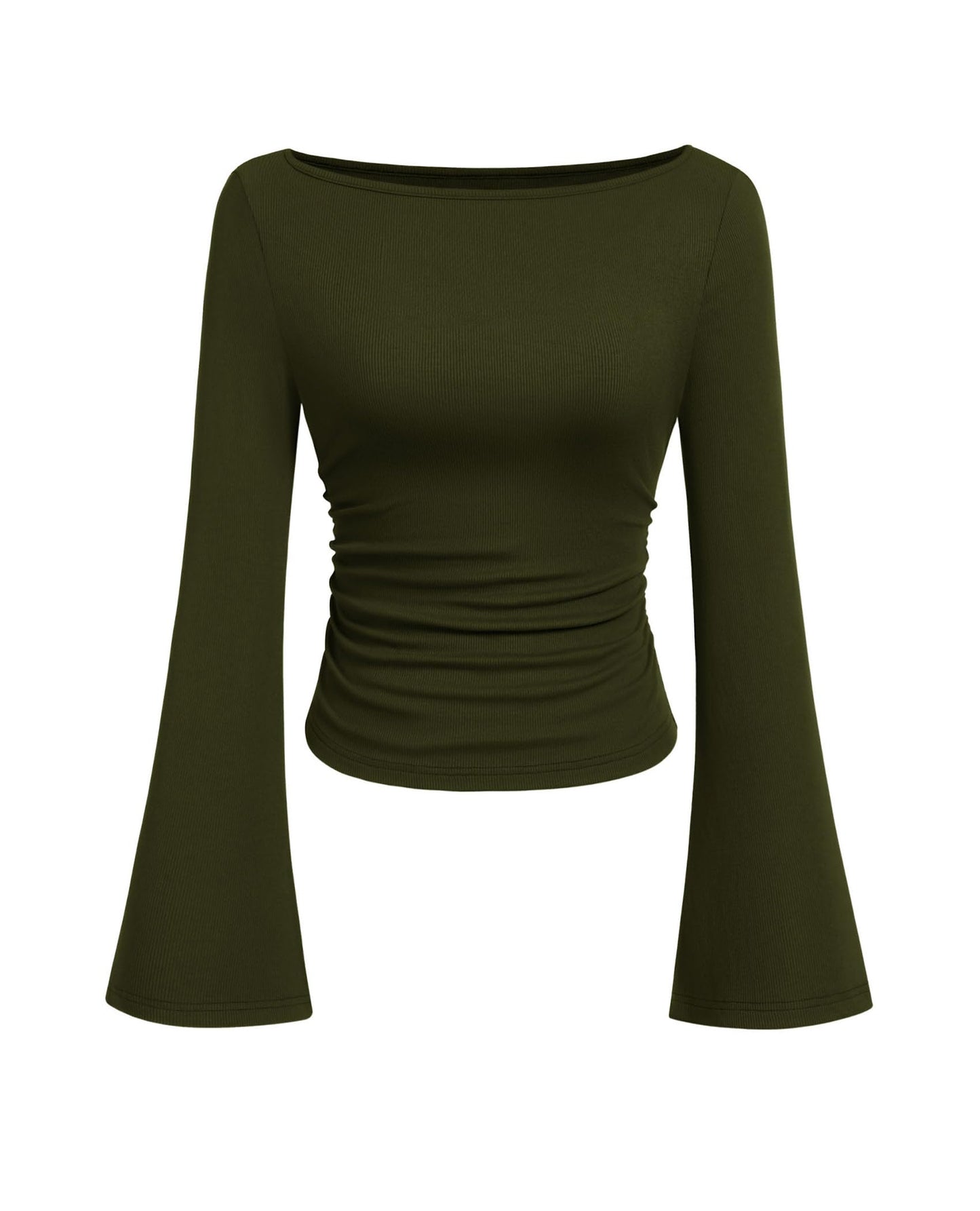 PRETTYGARDEN Womens Long Sleeve Shirts 2026 Spring Crop Going Out Tops Casual Boat Neck Bell Sleeve Ribbed Ruched Y2K Clothes