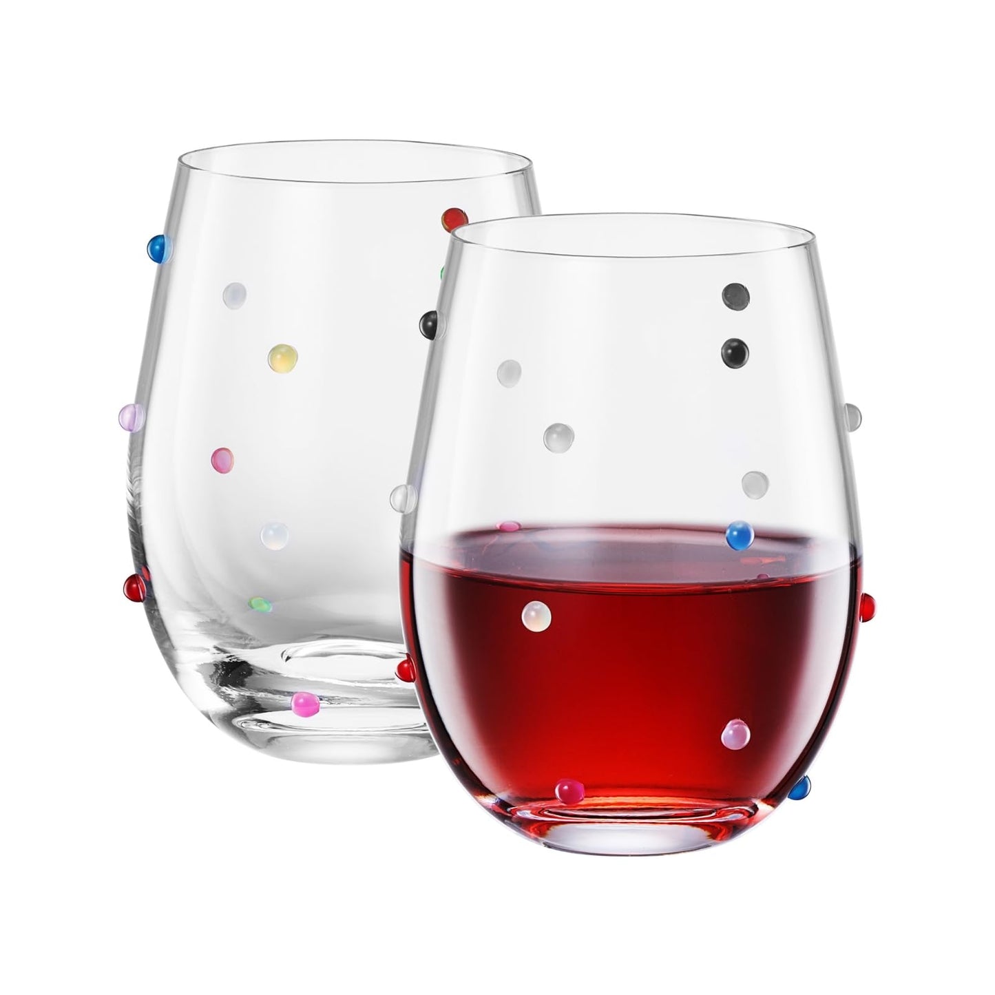 Confetti Stemless Wine Glasses Set of 2, 18.6oz Colorful Clear Glass Drinkware for Water Juice Cocktails, Modern Handmade Glassware for Parties Dining Entertaining Display Housewarming Birthday Gifts-0