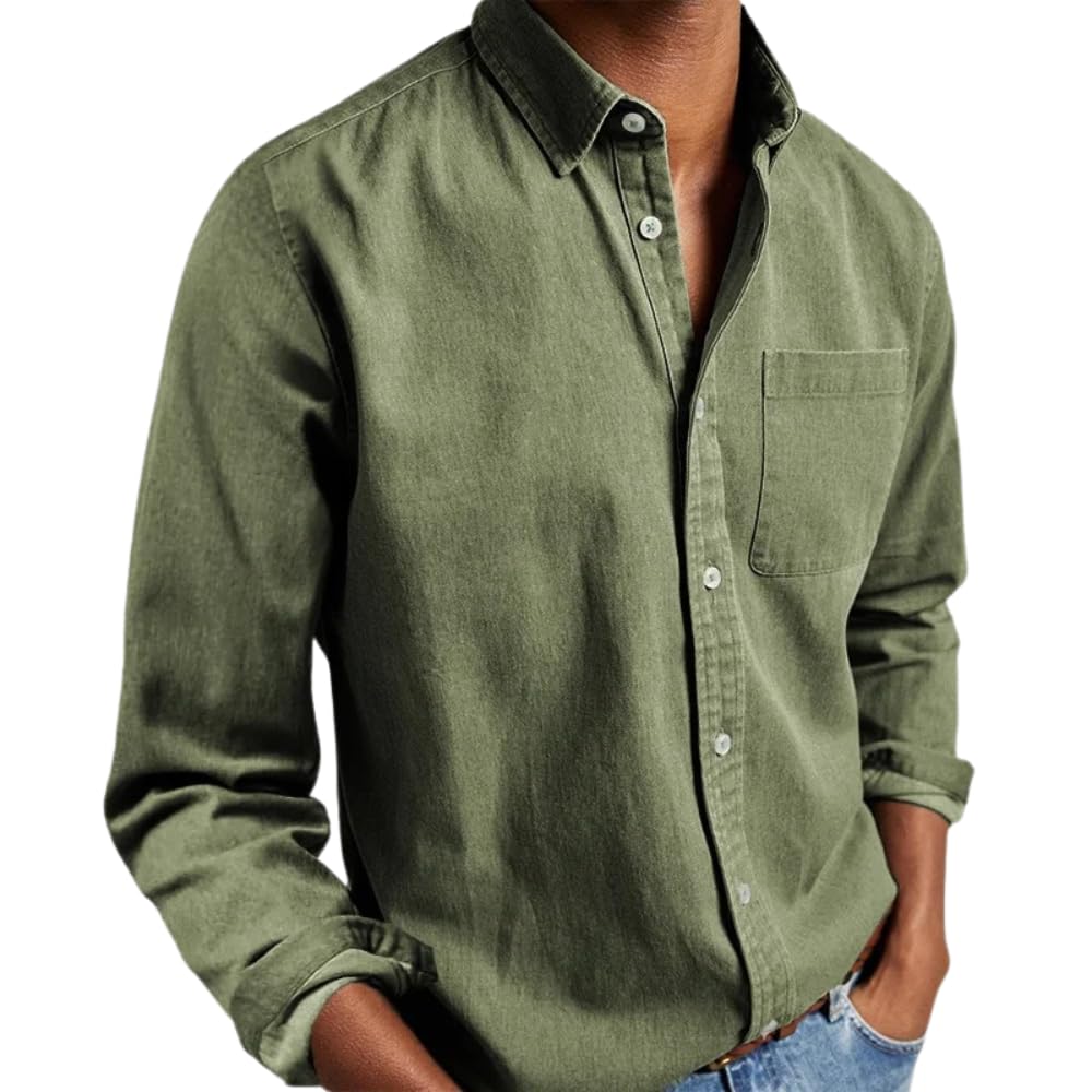 Mens Button Up Shirts Long Sleeve Lapel Collar Casual Shirt with Pockets