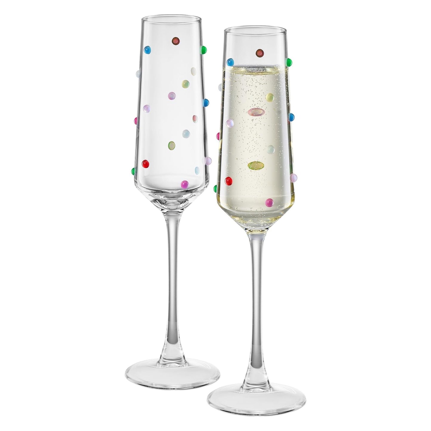 Confetti Champagne Flutes Set of 2, 6.59oz Colorful Clear Glass Stemmed Goblets for Sparkling Wine and Beverages, Elegant Handmade Drinkware Weddings Parties Celebrations Housewarming Gifts-0
