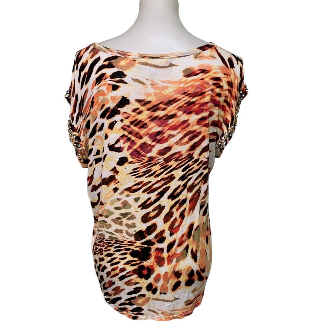 Jennifer Lopez Womens Large 100% Rayon Sleeveless Leopard Print Bejeweled Top