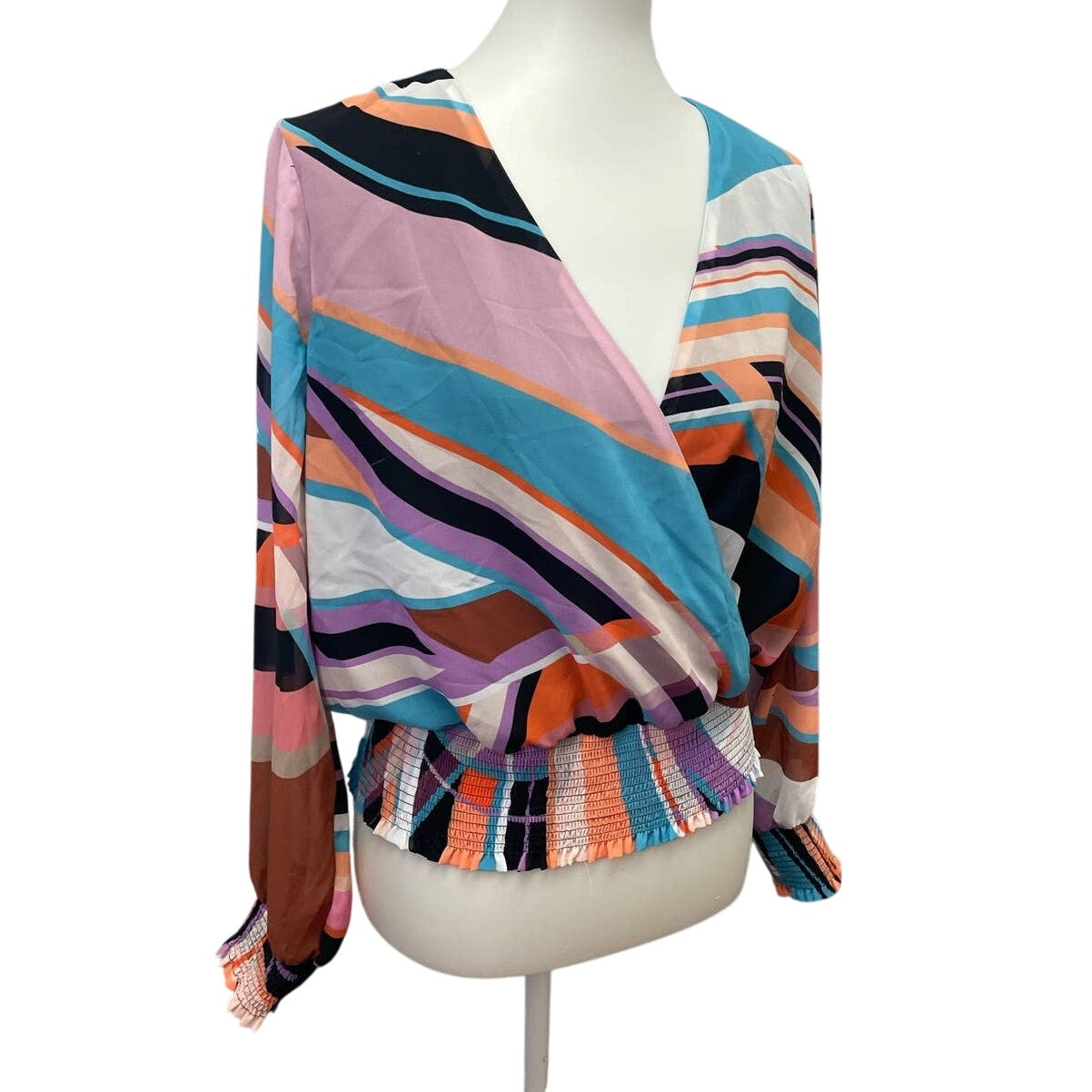 Bar III Womens Medium Long Sleeve Ruched Wrist Gathered Waist Mod Stripe Top