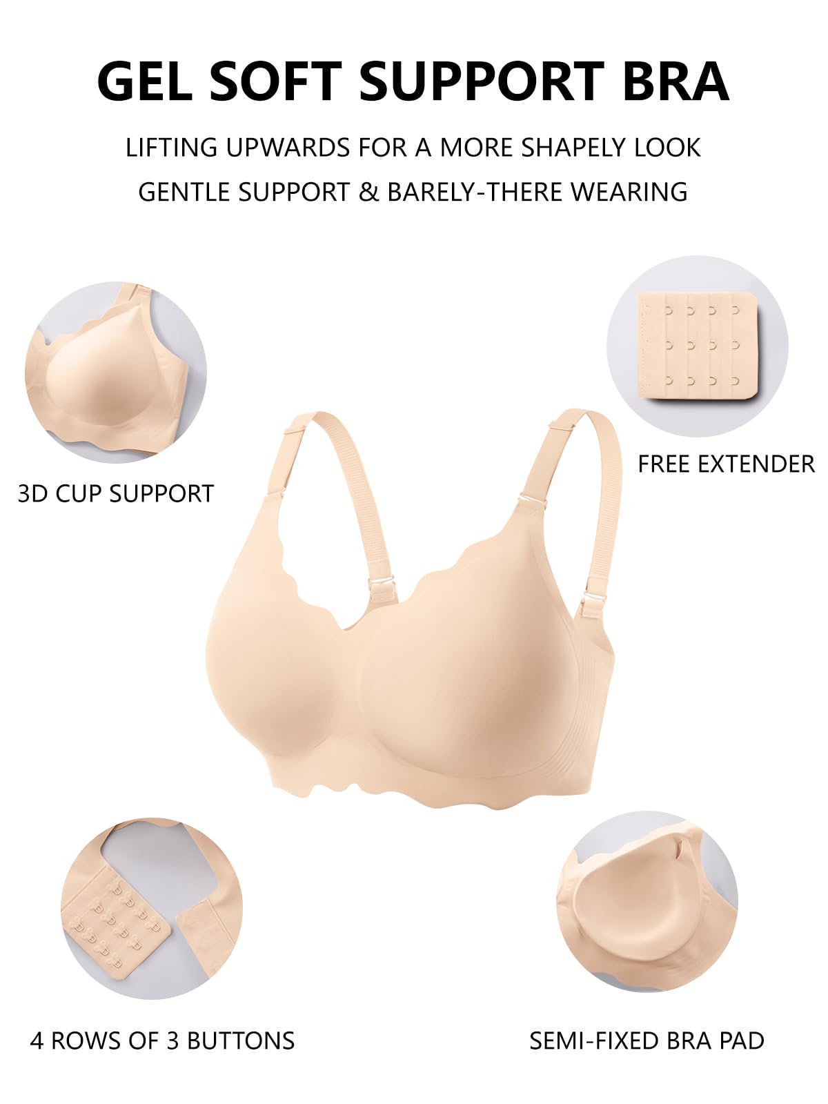COCOMARTS Jelly Bras for Women No Underwire Scalloped Push Up Wireless Bralettes Seamless Soft Comfort Everyday Tshirt Bra