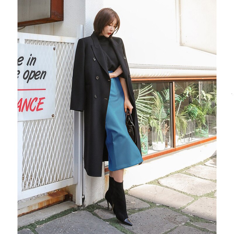 Fashionable Leather Skirt Khaki Blue Coffee Color Pu Medium Long High Waist Long Skirt