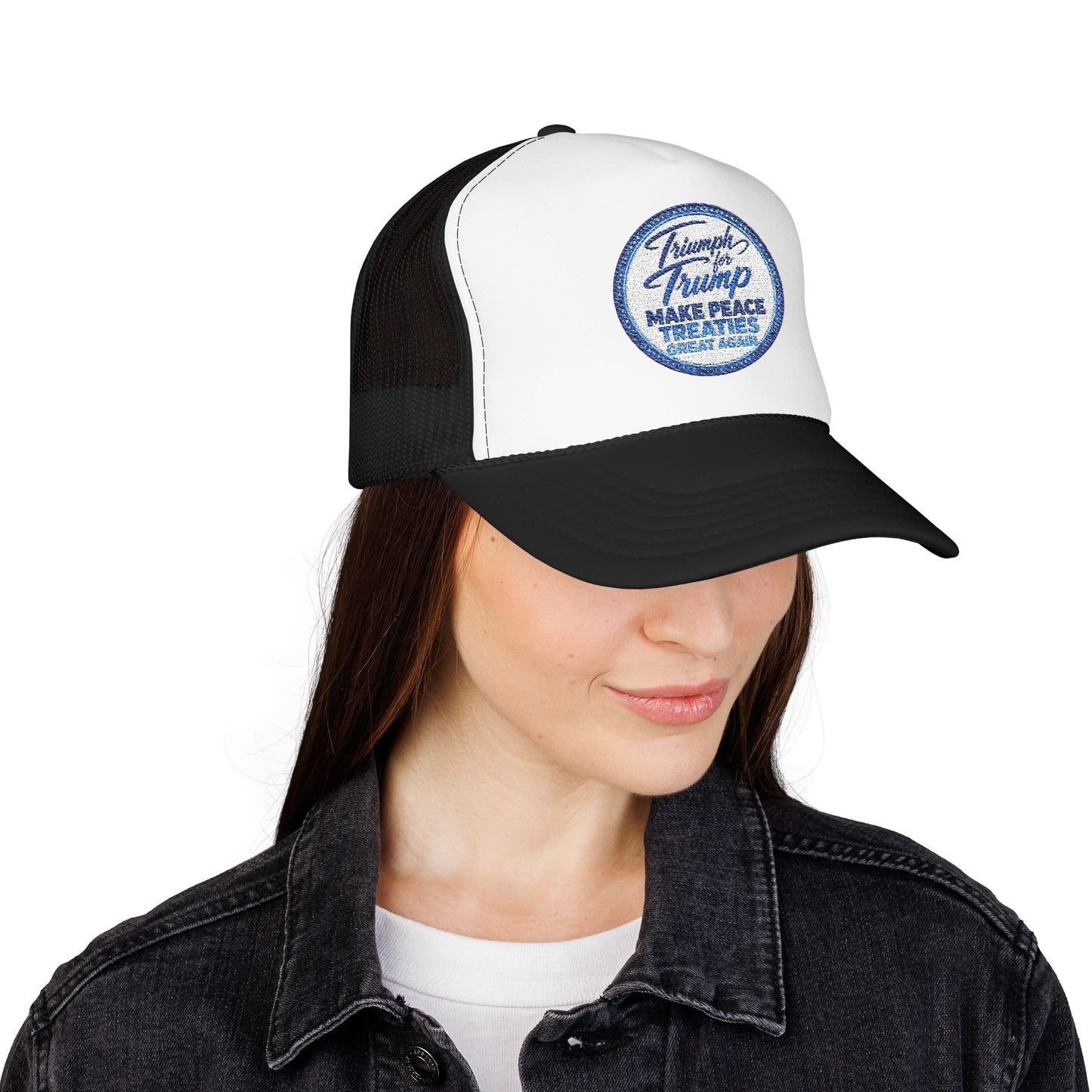 "Triumph for Trump: Make Peace Treaties Great Again" ✨EMBROIDERED Foam Trucker Hat — Vintage Trump Campaign Patch, Only @ LuxeByMimi✨