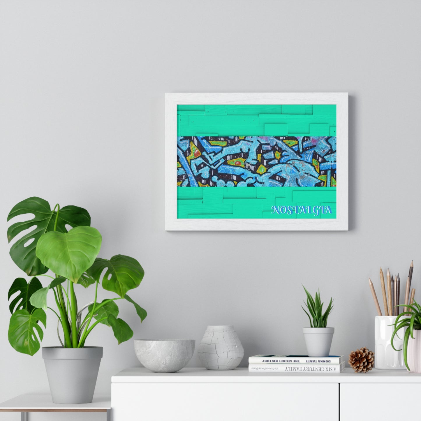 Nostalgia Graffiti Horizontal Framed Poster — Teal Urban Street Art Print