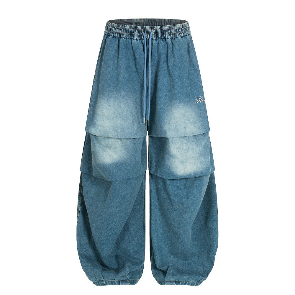 Color blocked white pleated denim wide leg pants