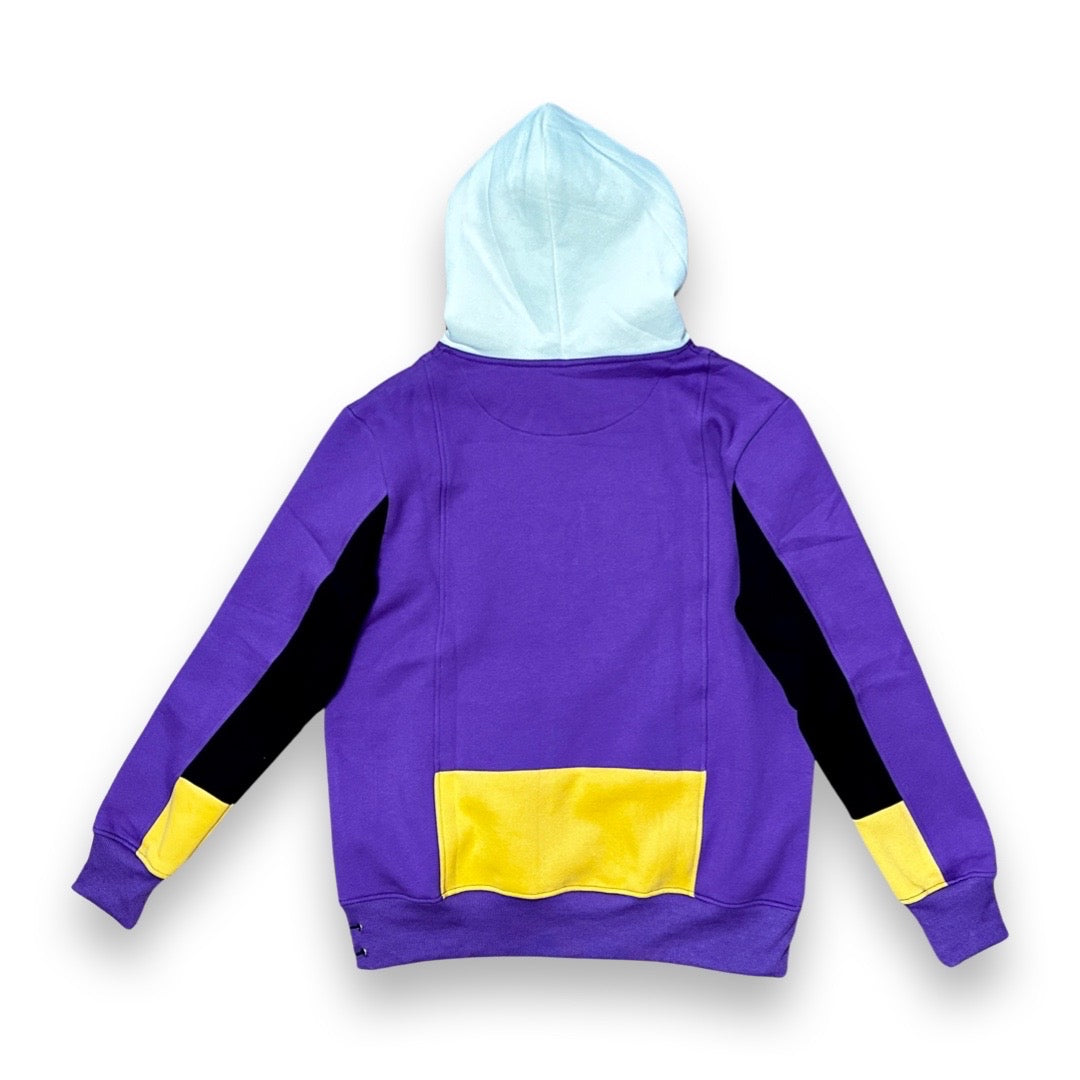 A purple hooded sweatshirt shown from the back, featuring a light blue hood, black sleeve panels, yellow accents on the cuffs and a large yellow back pocket.
